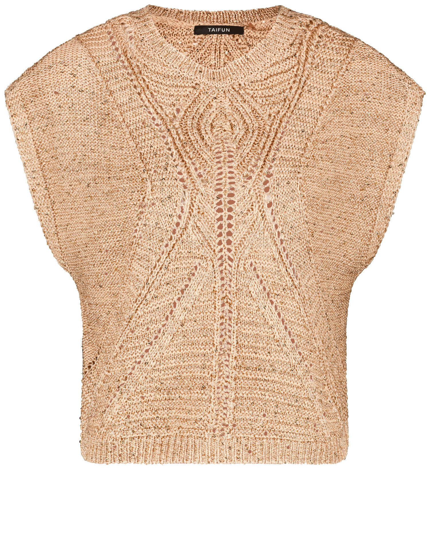 TAIFUN Damen Kurzarmpullover mit transparentem Ajoursmuster Kurzarm|Überschnittene Schultern Polyacryl, Beige, 48