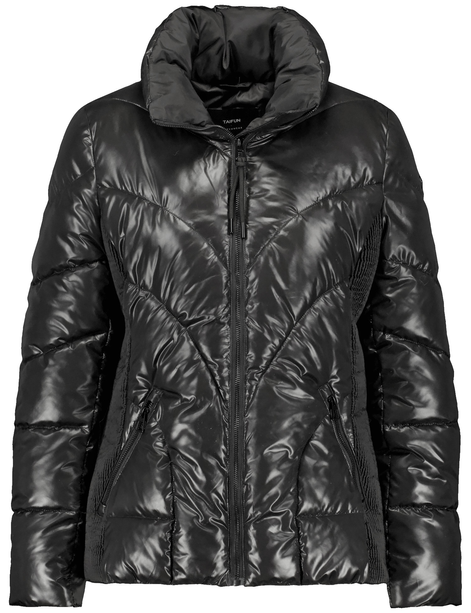 TAIFUN Damen Steppjacke mit Glanz-Finish 64cm Langarm Stehkragen Reißverschluss Schwarz, 36