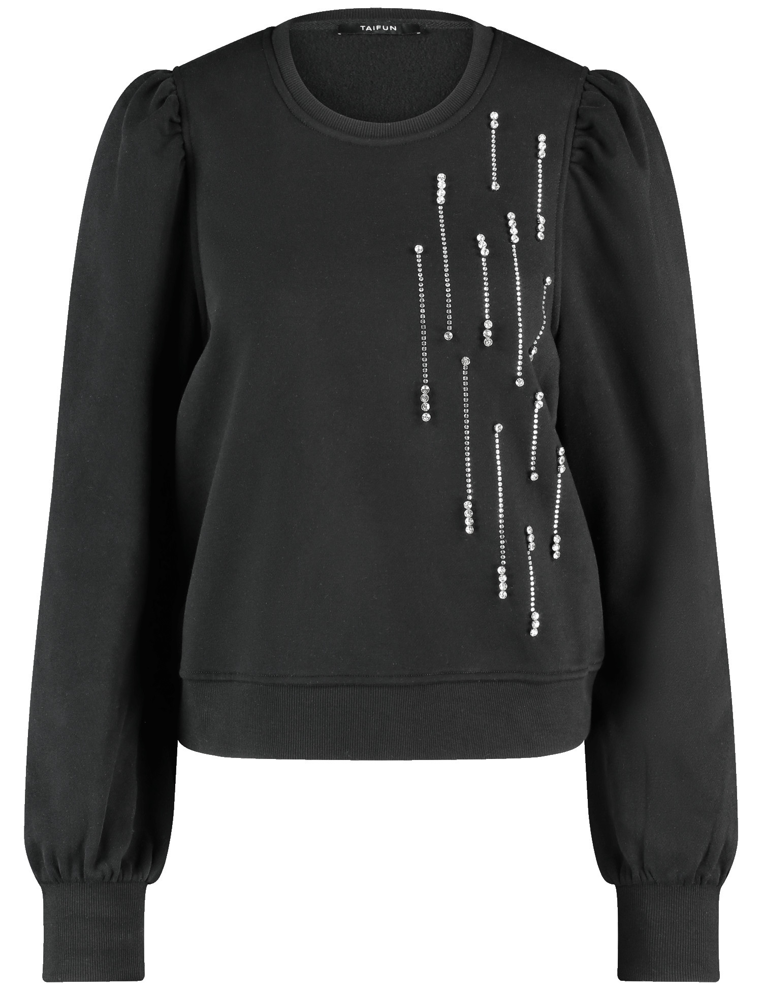 TAIFUN Damen Sweatshirt mit Strassstein-Zier 60cm Langarm Rundhals Baumwolle Schwarz, 36