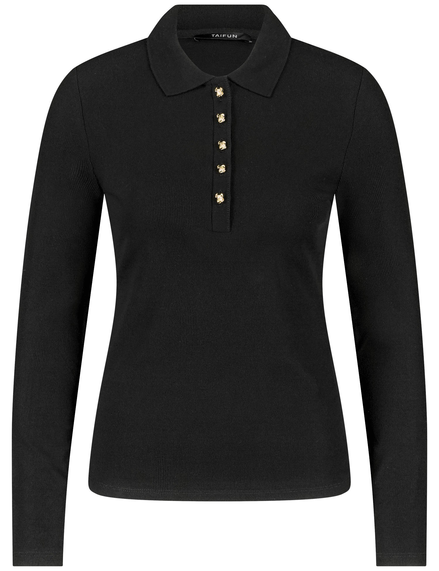 TAIFUN Damen Feines Poloshirt mit langem Arm 60cm Langarm Mit Kragen Lyocell Schwarz, 40