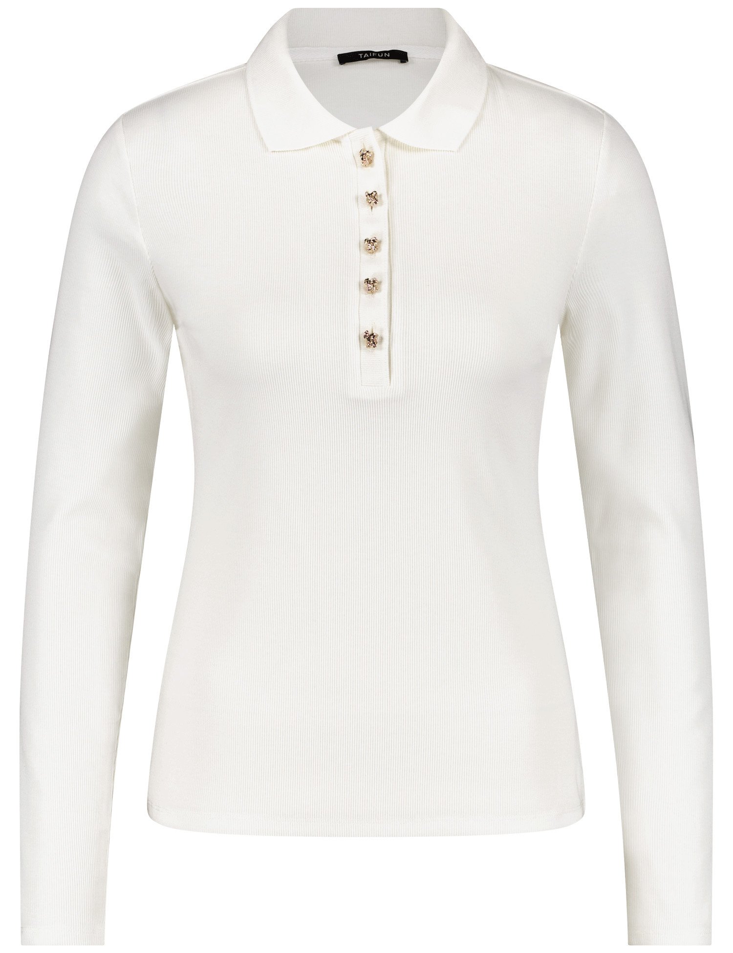 TAIFUN Damen Feines Poloshirt mit langem Arm 60cm Langarm Mit Kragen Lyocell Weiss, 44