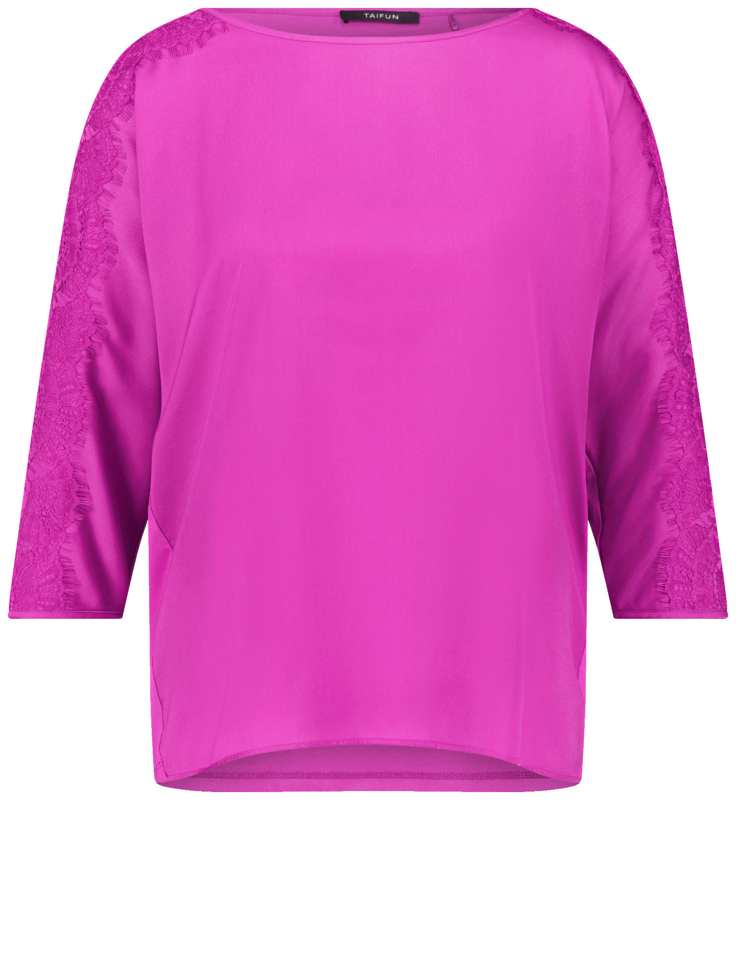 TAIFUN Damen 3/4 Arm Shirt mit Satin und Spitze Viskose 62 cm U-Bootausschnitt unifarben Pink, 36