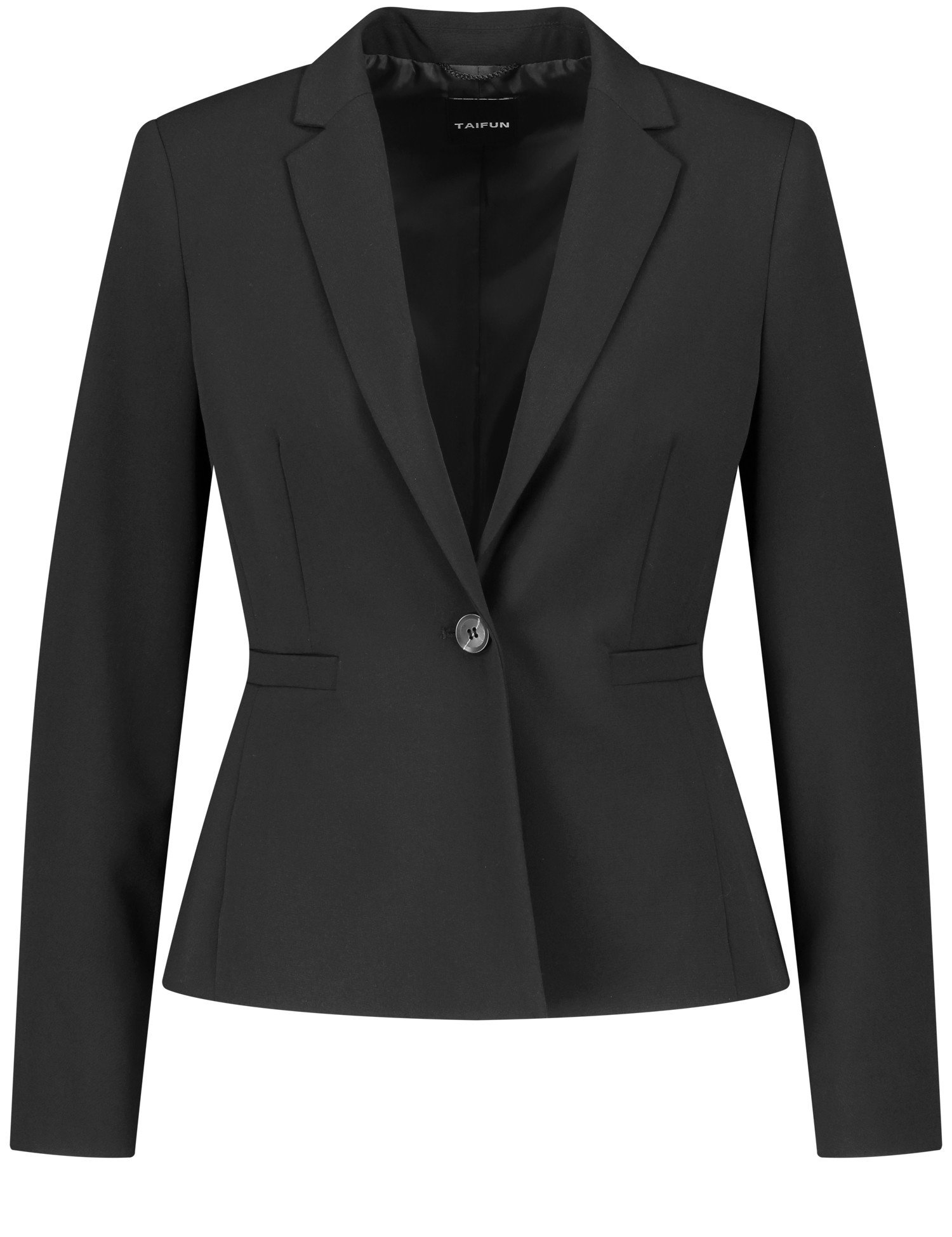 TAIFUN Damen Klassischer Blazer aus knitterarmer Qualität 60 cm Revers Langarm unifarben Schwarz, 34