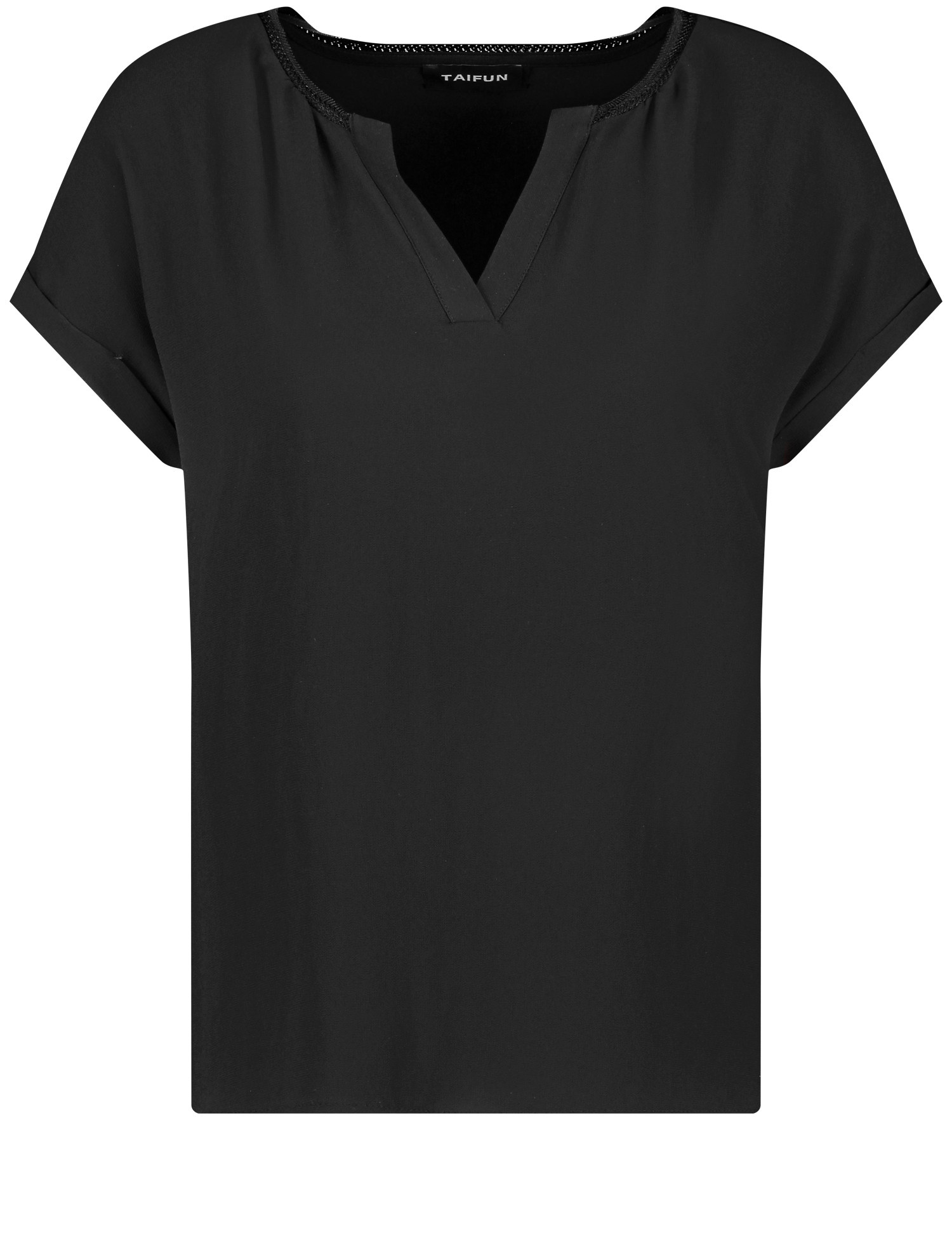 TAIFUN Damen Blusenshirt mit Chiffon-Overlayer 62cm Kurzarm Rundhals Viskose Schwarz, 40