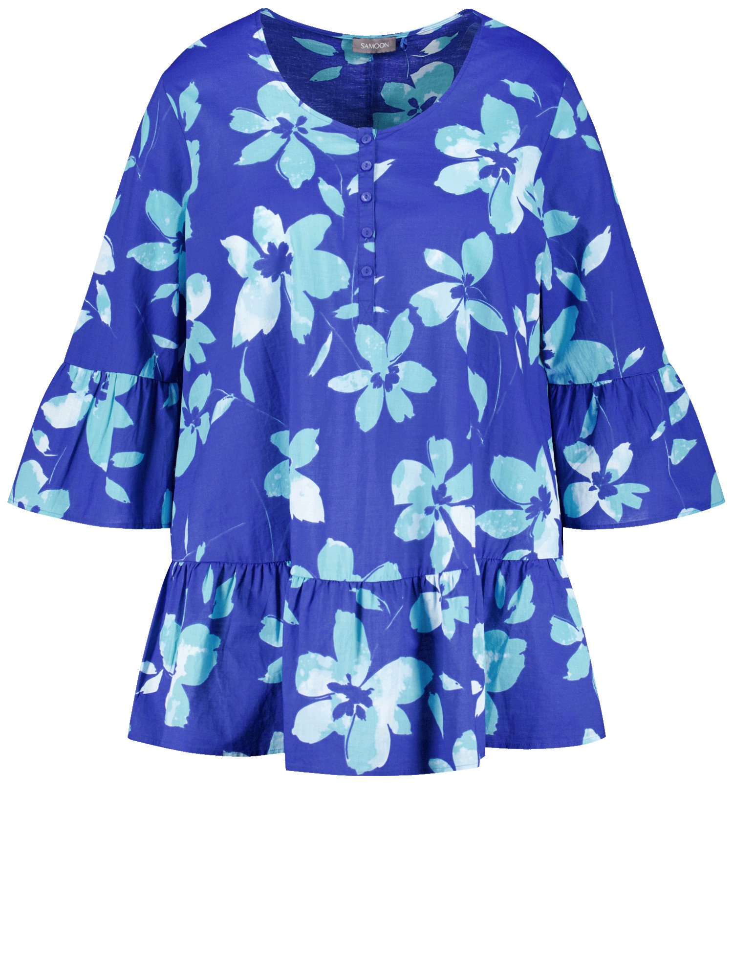 SAMOON Damen Ausgestellte Bluse mit Volants 74cm 3/4 Arm Rundhals Baumwolle Blau floral, 44