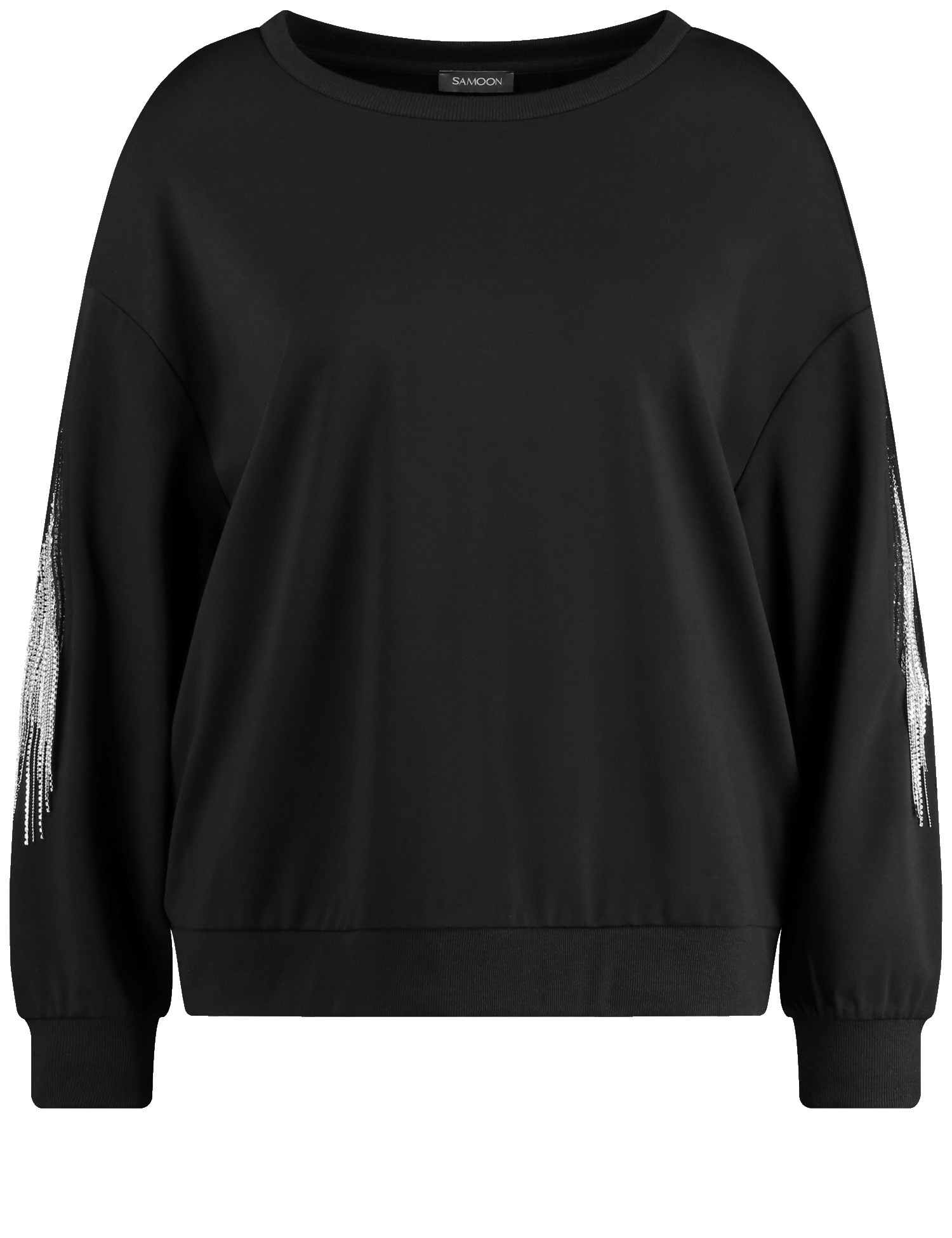 SAMOON Damen Pullover mit Strassbändern am Arm 66cm Langarm Rundhals Viskose Schwarz, 56