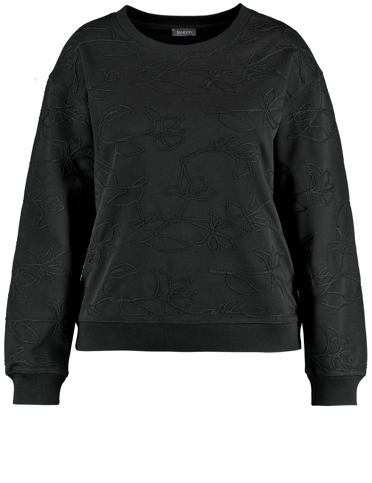 SAMOON Damen Sweatshirt mit Kordelapplikation 64cm Langarm Rundhals Baumwolle Schwarz, 42