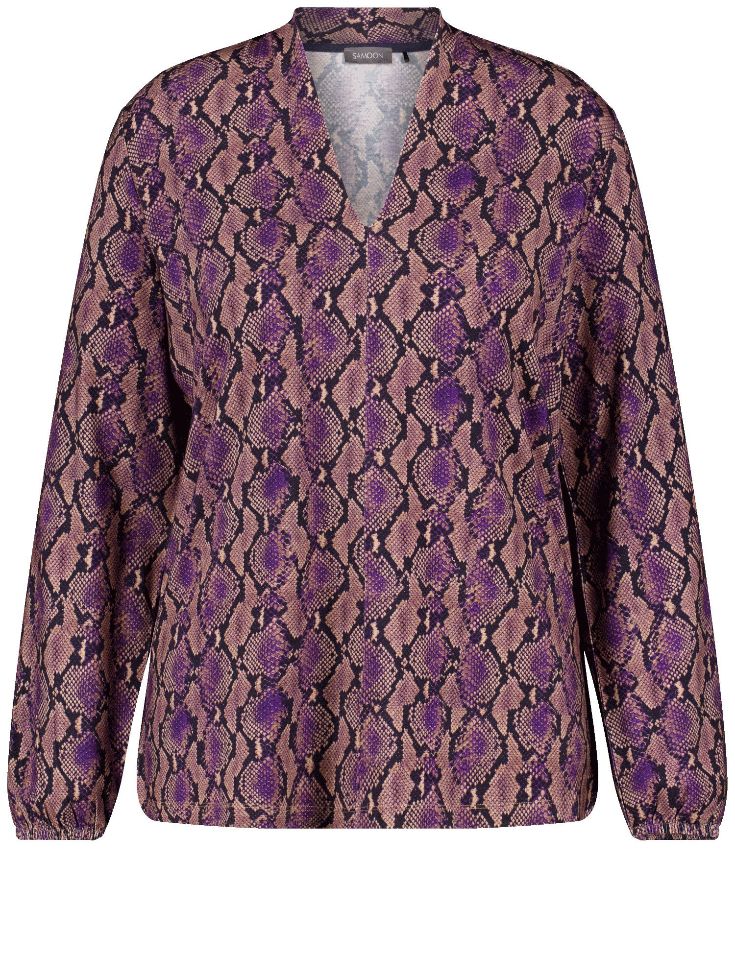 SAMOON Damen Langarmshirt mit farbigem Schlangenprint 68cm V-Ausschnitt Viskose, Lila gemustert, 44