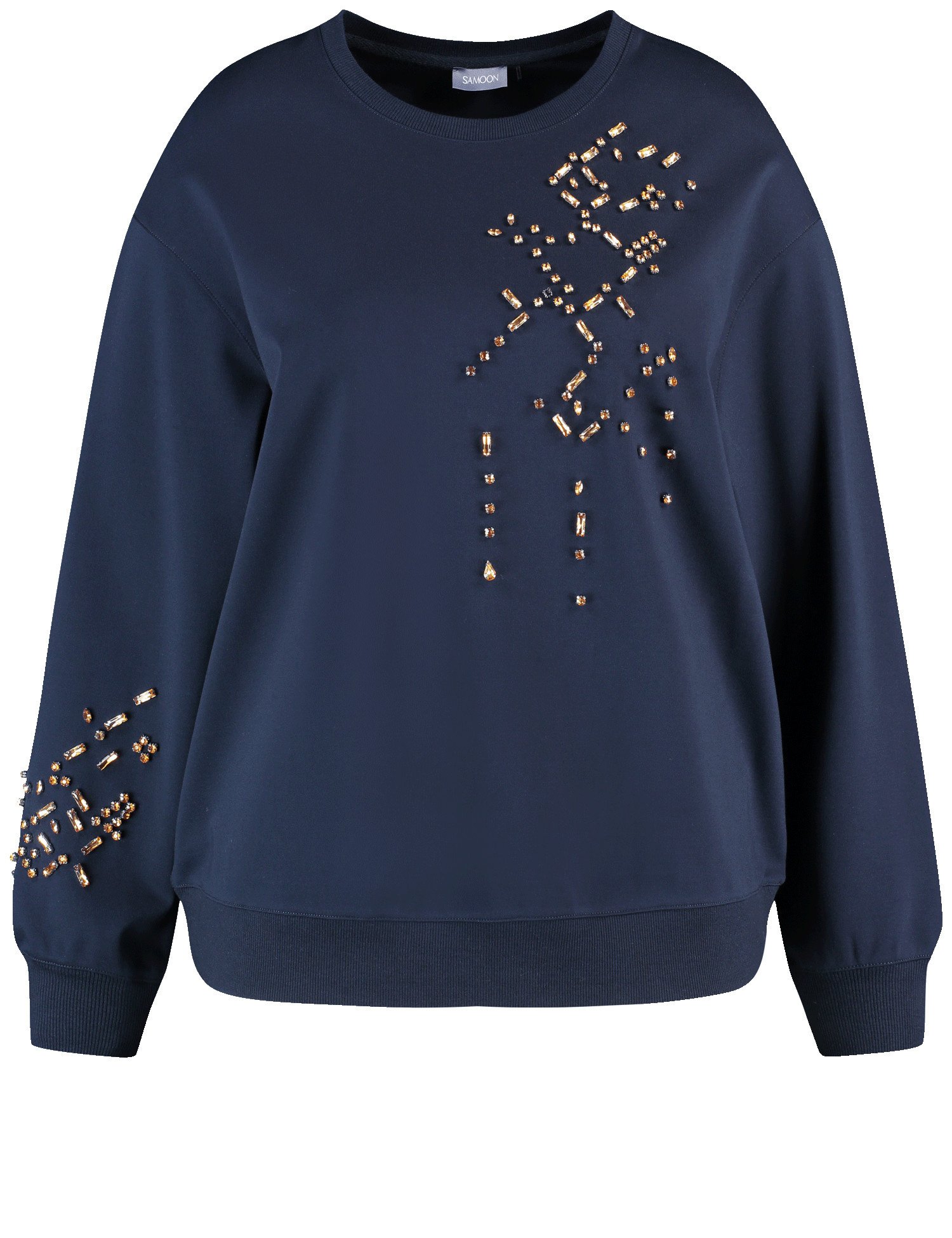 SAMOON Damen Sweatshirt mit Glitzersteinen 66cm Langarm Rundhals Viskose, Blau, 46