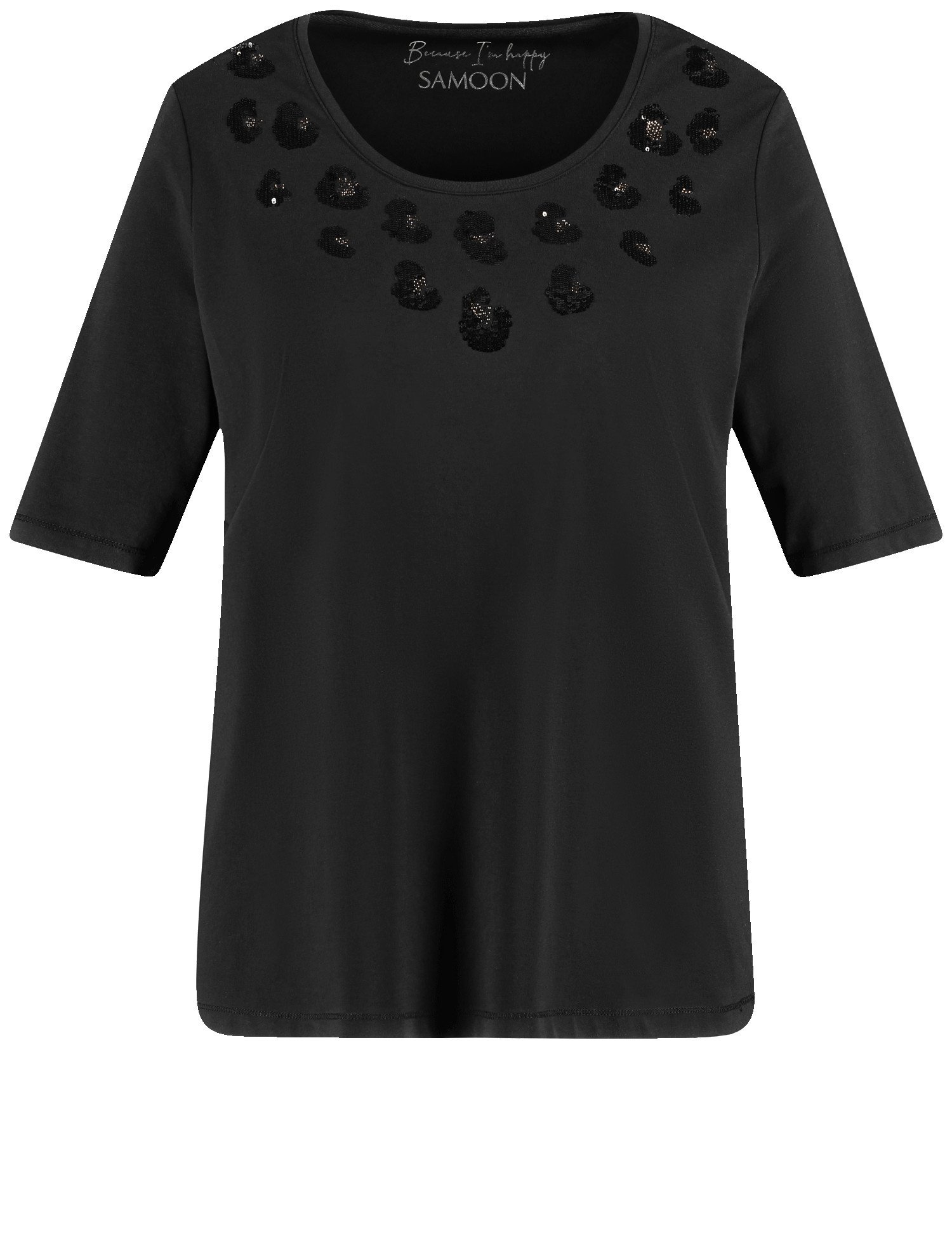 SAMOON Damen Halbarmshirt mit Paillettendekor 68cm Halber Arm Rundhals Modal, Schwarz, 46