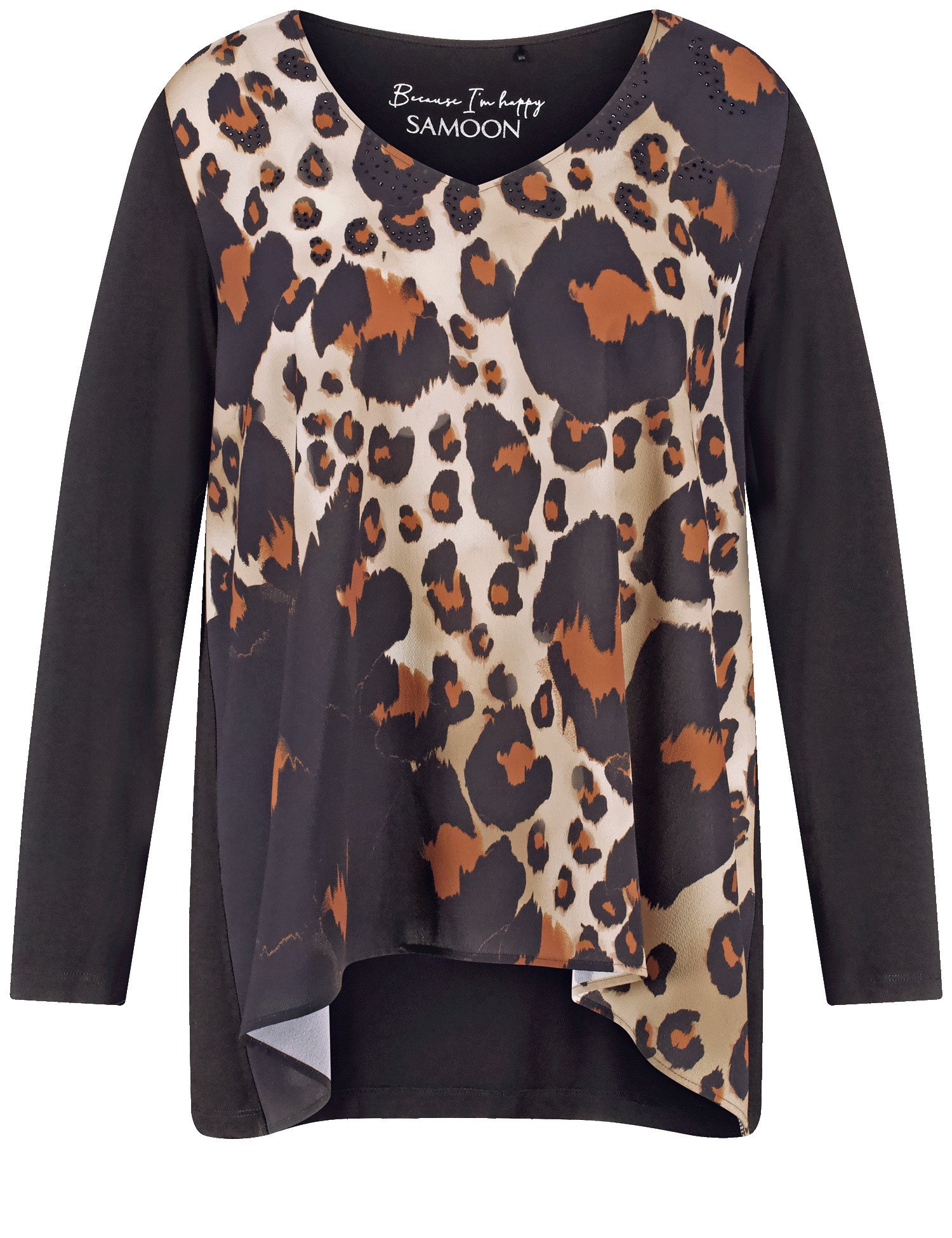 SAMOON Damen Ausgestelltes Langarmshirt mit Leo-Print 72cm V-Ausschnitt Viskose, Schwarz Animal-Print, 48