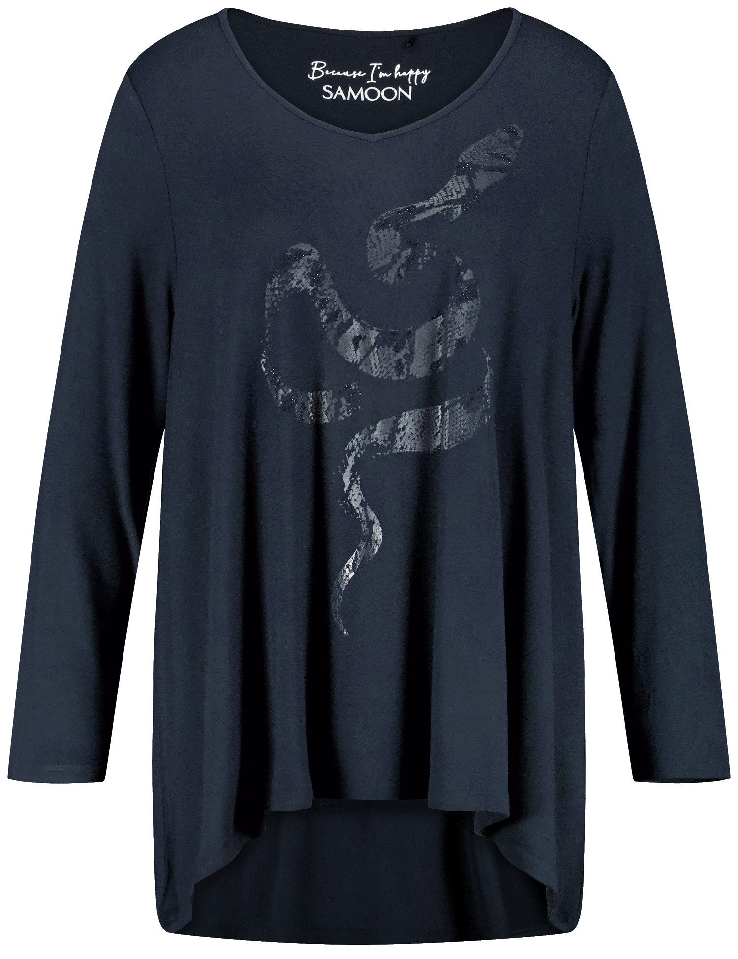 SAMOON Damen Ausgestelltes Langarmshirt mit Schlangen-Motiv Viskose 72 cm V-Ausschnitt Animal-Print Blau, 46