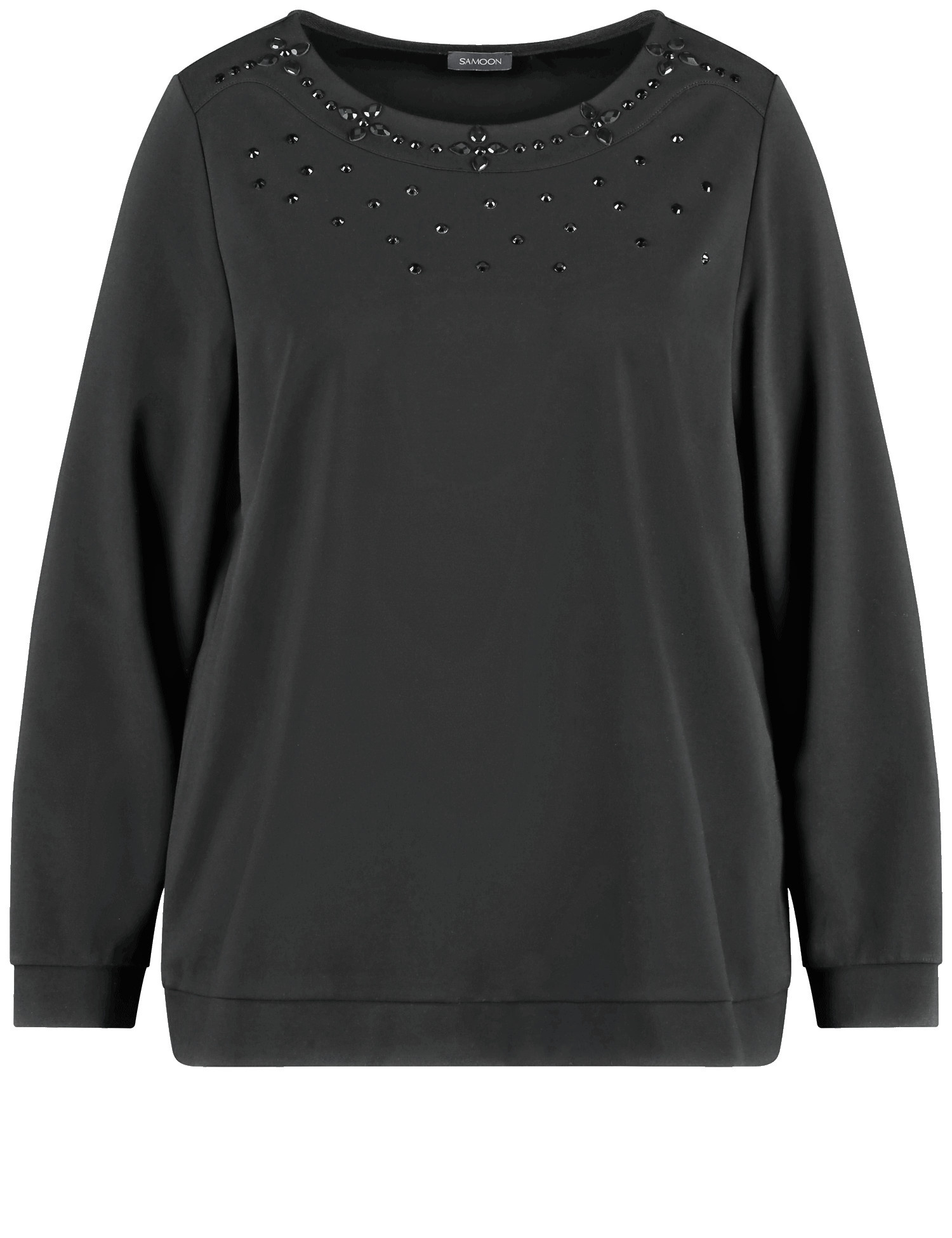 SAMOON Damen Weiches Sweatshirt mit Ziersteinen 68cm Langarm U-Bootausschnitt Viskose Schwarz, 46