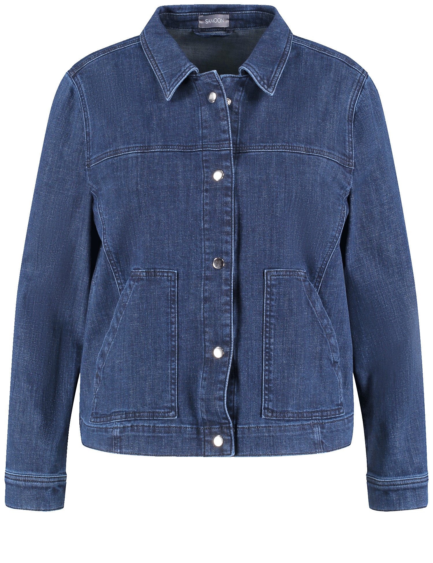 SAMOON Damen Lässige Jeansjacke 58cm Langarm Mit Kragen Baumwolle Knopfleiste, Blau, 42