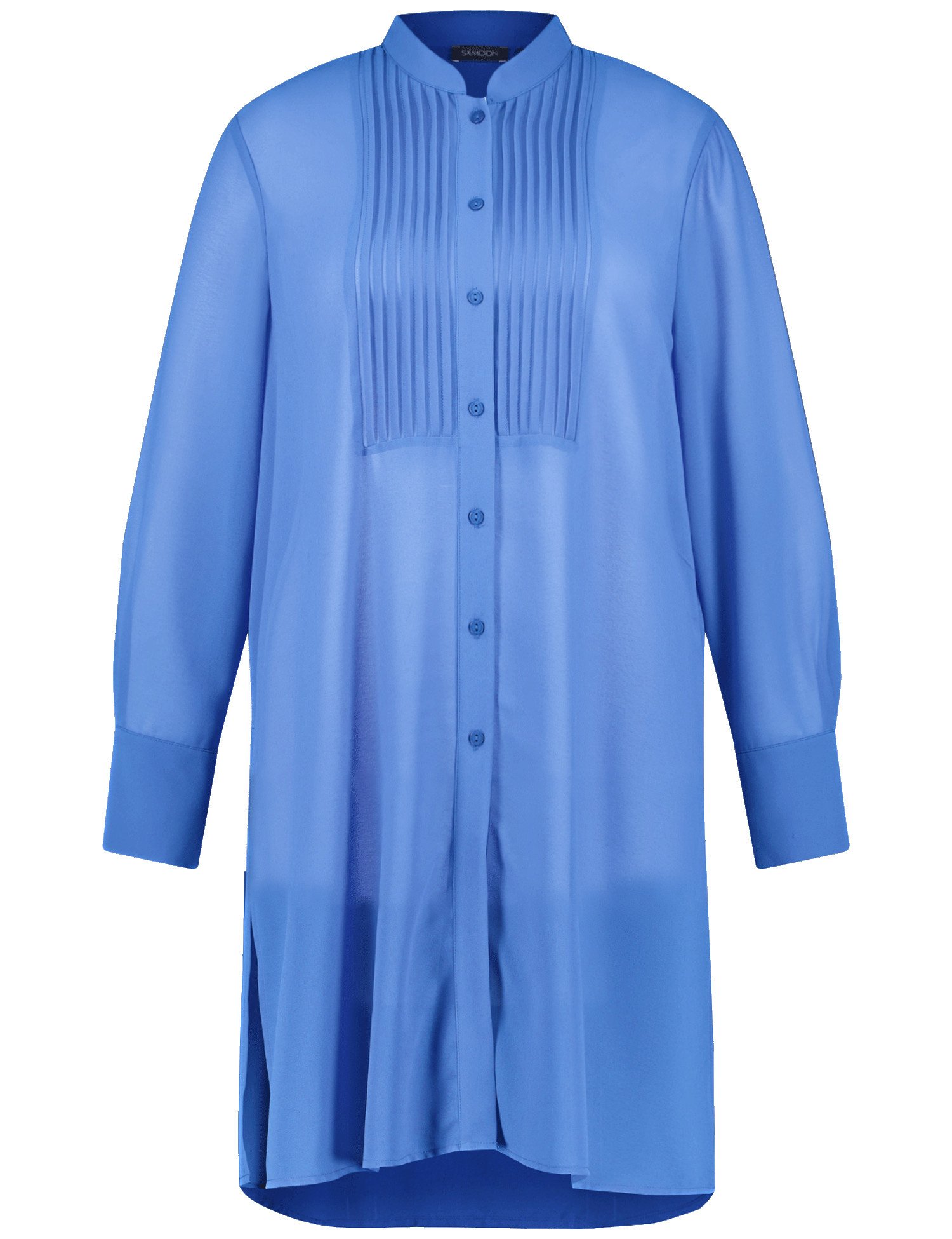 SAMOON Damen Semitransparente Longbluse aus Chiffon 100 cm Stehkragen Langarm unifarben Blau, 42