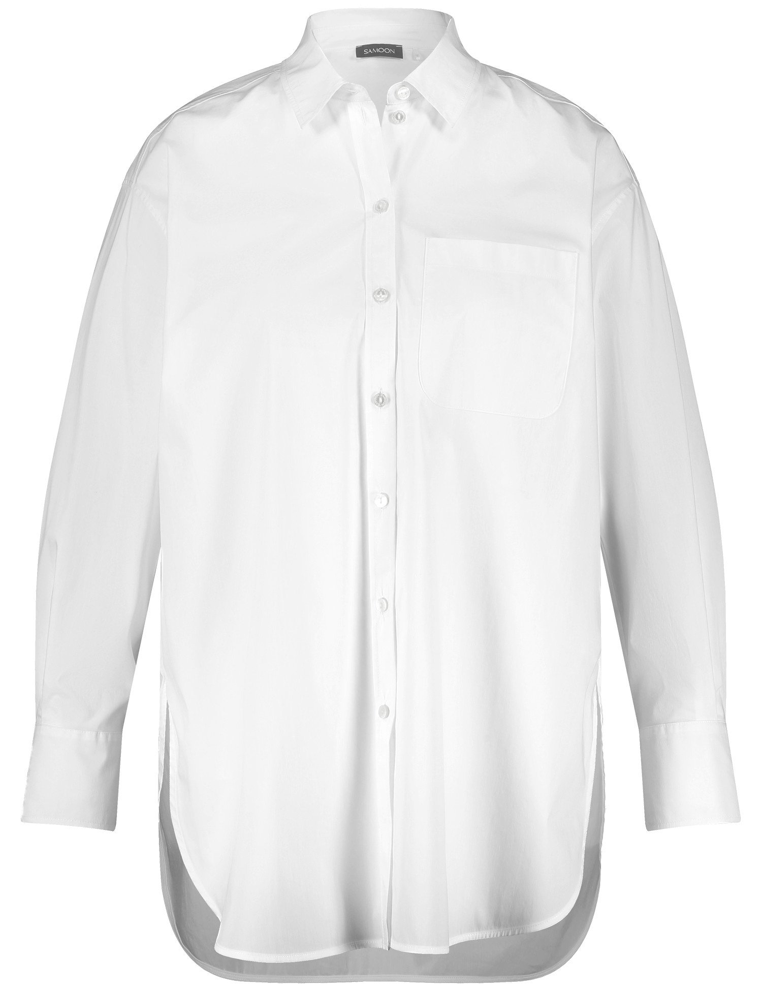 SAMOON Damen Klassische Longbluse aus Baumwoll-Stretch 86cm Langarm Hemdkragen Baumwolle, Weiss, 50