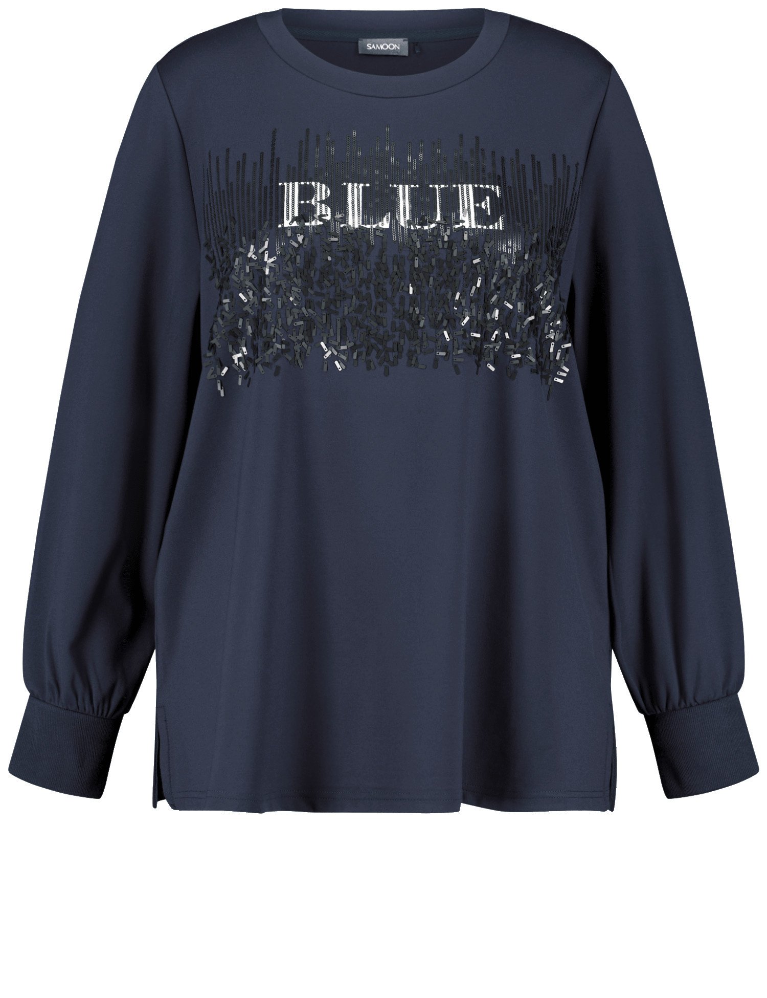 SAMOON Damen Sweatshirt mit verziertem Wording-Print 68cm Langarm Rundhals Viskose, Blau, 50