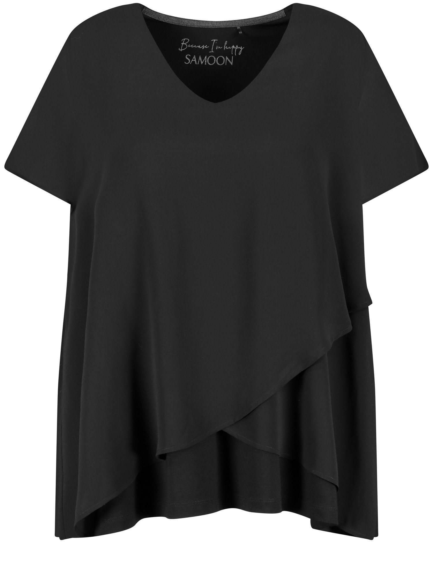 SAMOON Damen Blusenshirt mit Chiffon-Layer 72cm Kurzarm Rundhals, Schwarz, 50