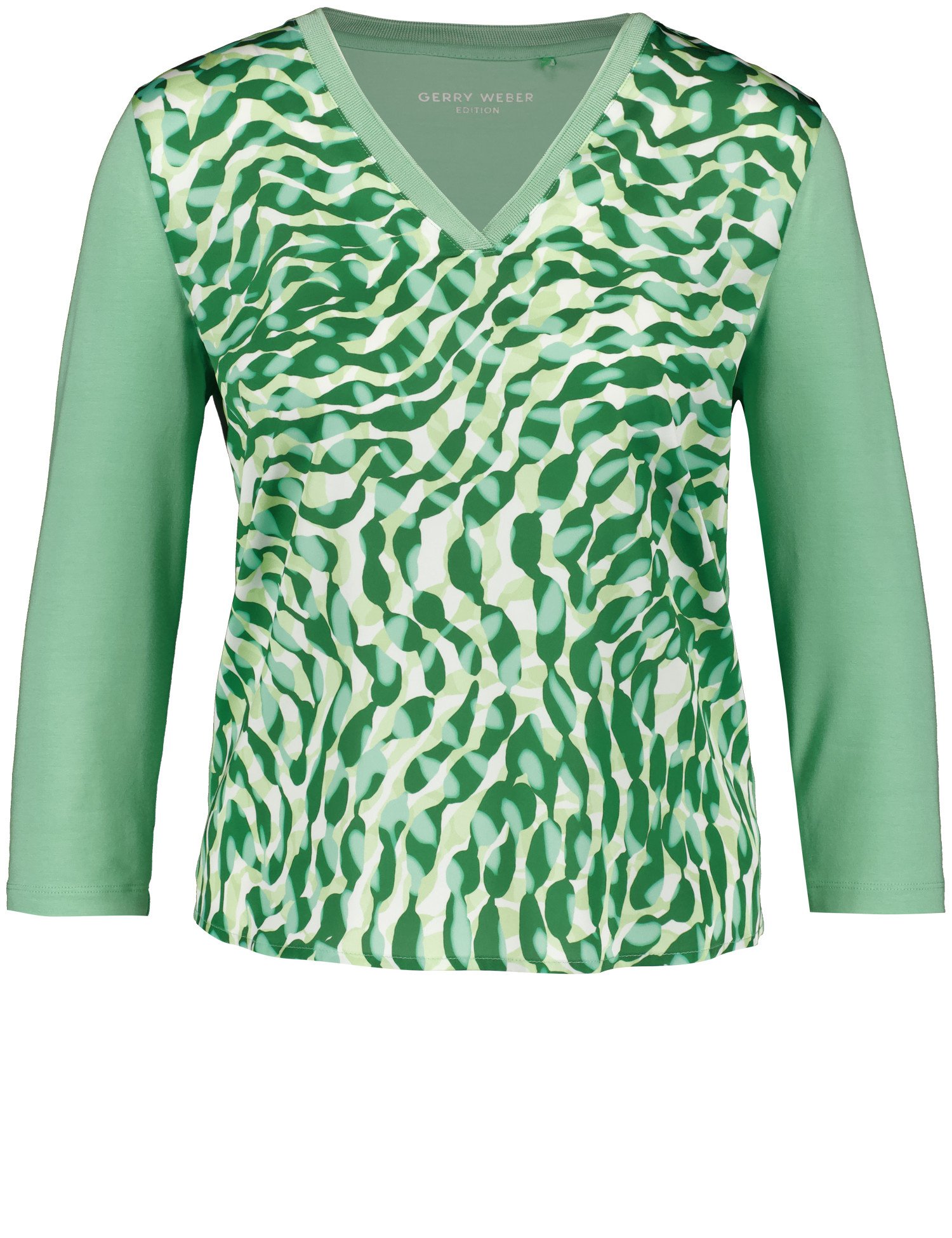 GERRY WEBER Damen 3/4 Arm Shirt mit Material-Patch Viskose 60 cm V-Ausschnitt gemustert Grün, 38