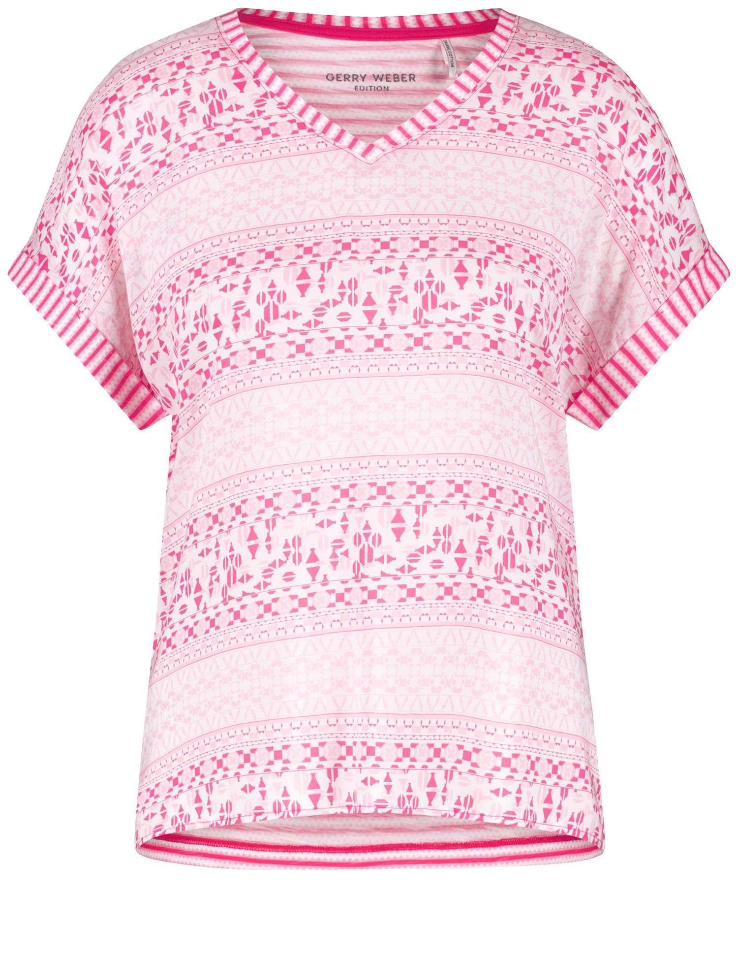 GERRY WEBER Damen Gemustertes Kurzarmshirt mit Material-Patch 62cm V-Ausschnitt Baumwolle, Pink gemustert, 42