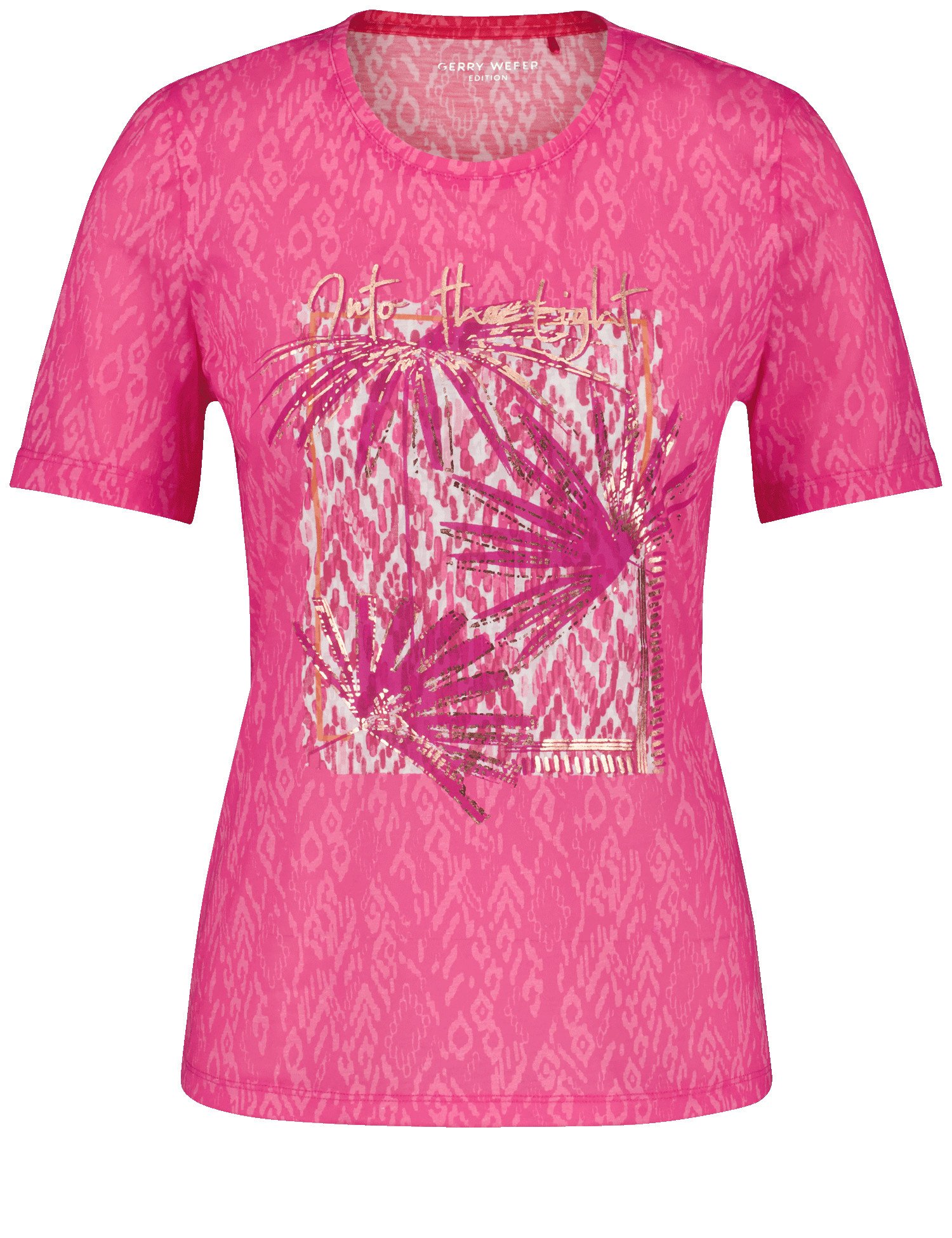 GERRY WEBER Damen Gemustertes T-Shirt mit Frontprint 64cm Kurzarm Rundhals Pink gemustert, 46