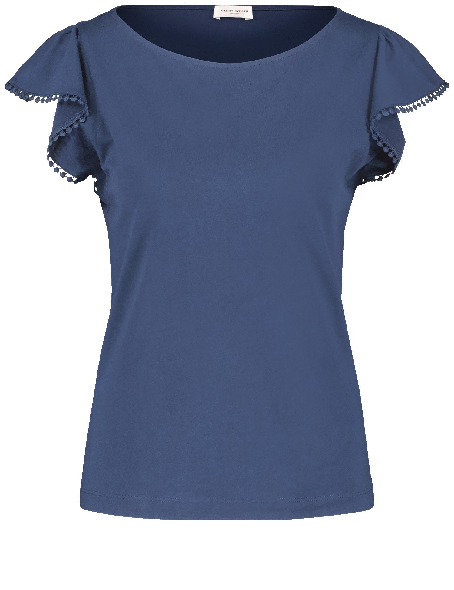 GERRY WEBER Damen Kurzarmshirt mit Ärmelvolant Baumwolle 60 cm Shirt Rundhals unifarben Blau, 42