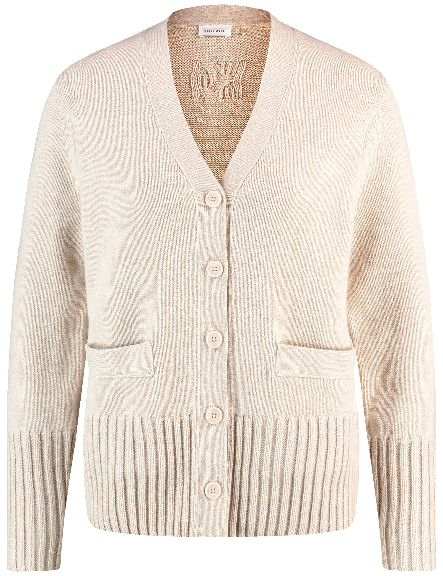 GERRY WEBER Damen Strickjacke mit Wollanteil Breite Rippenbündchen|Langarm Polyamid, Beige, 34