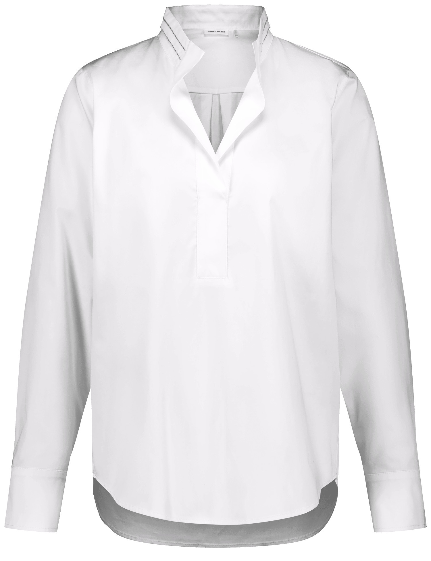 GERRY WEBER Damen Baumwollbluse mit dekorativem Stehkragen Baumwolle 70 cm Offener Kragen Langarm unifarben Weiss, 44