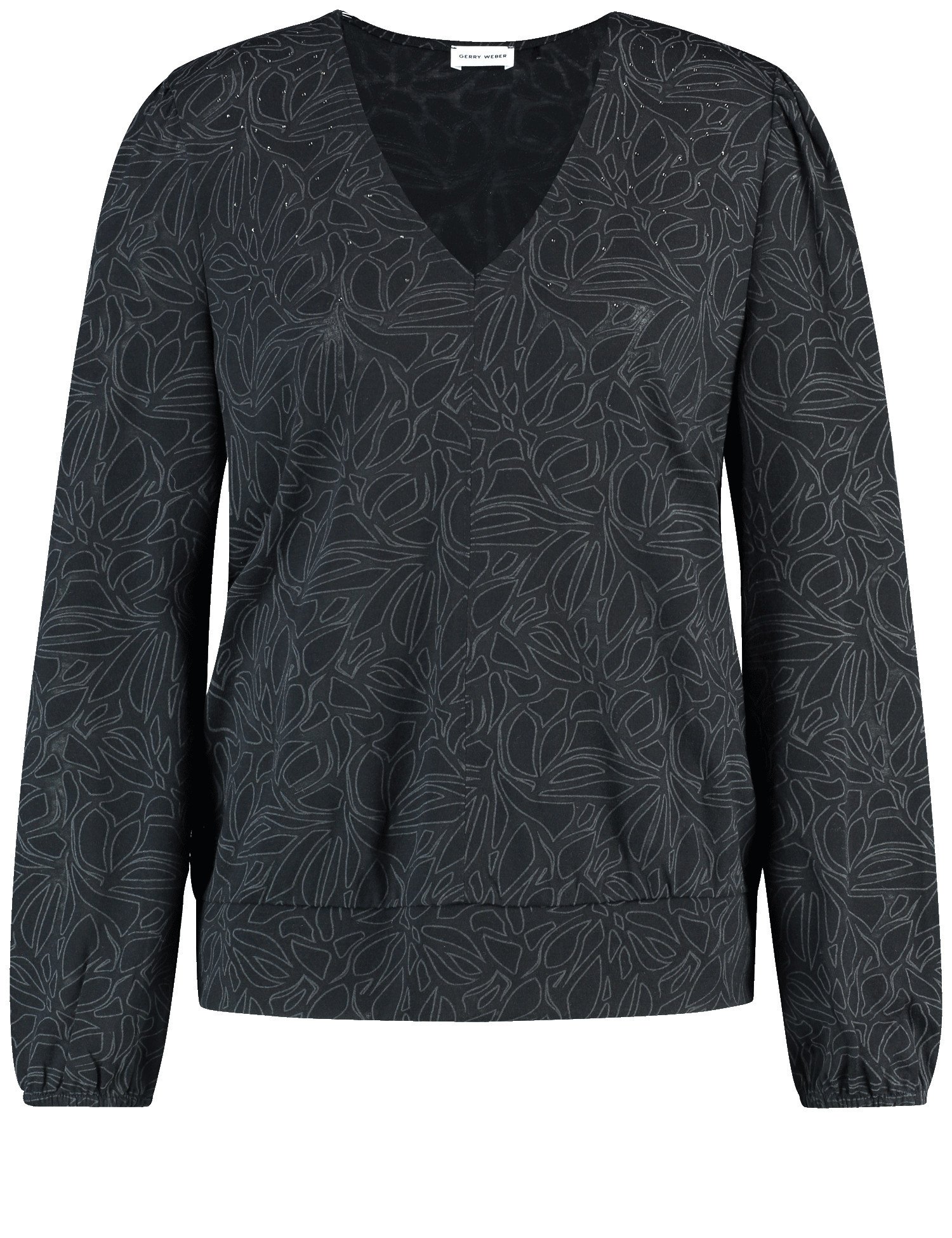 GERRY WEBER Damen Langarmshirt mit Ziersteinchen 62cm V-Ausschnitt, Schwarz gemustert, 40