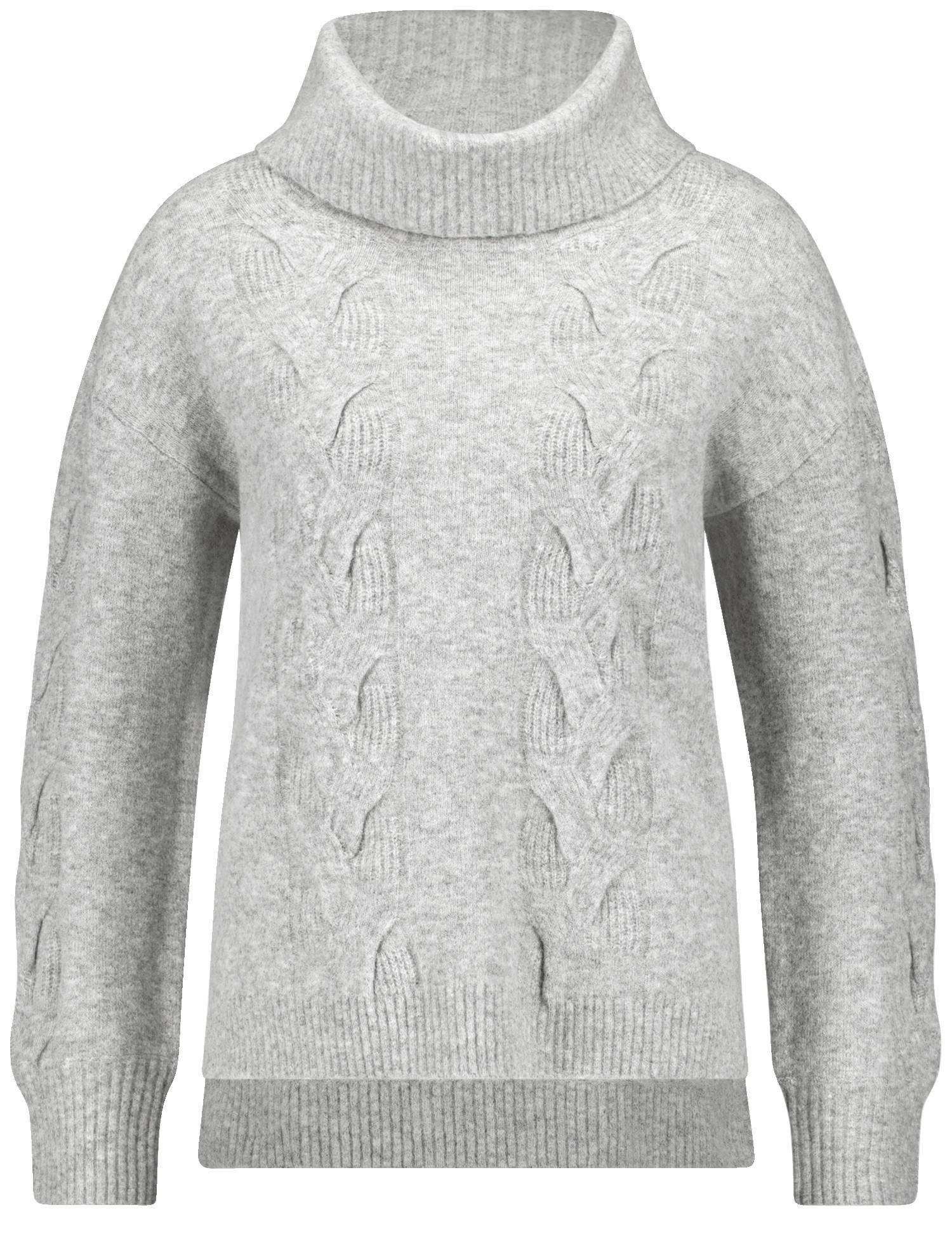 GERRY WEBER Damen Rollkragenpullover mit Zopfmuster Breite Rippenbündchen|Langarm|Überschnittene Schultern Polyamid, Gra