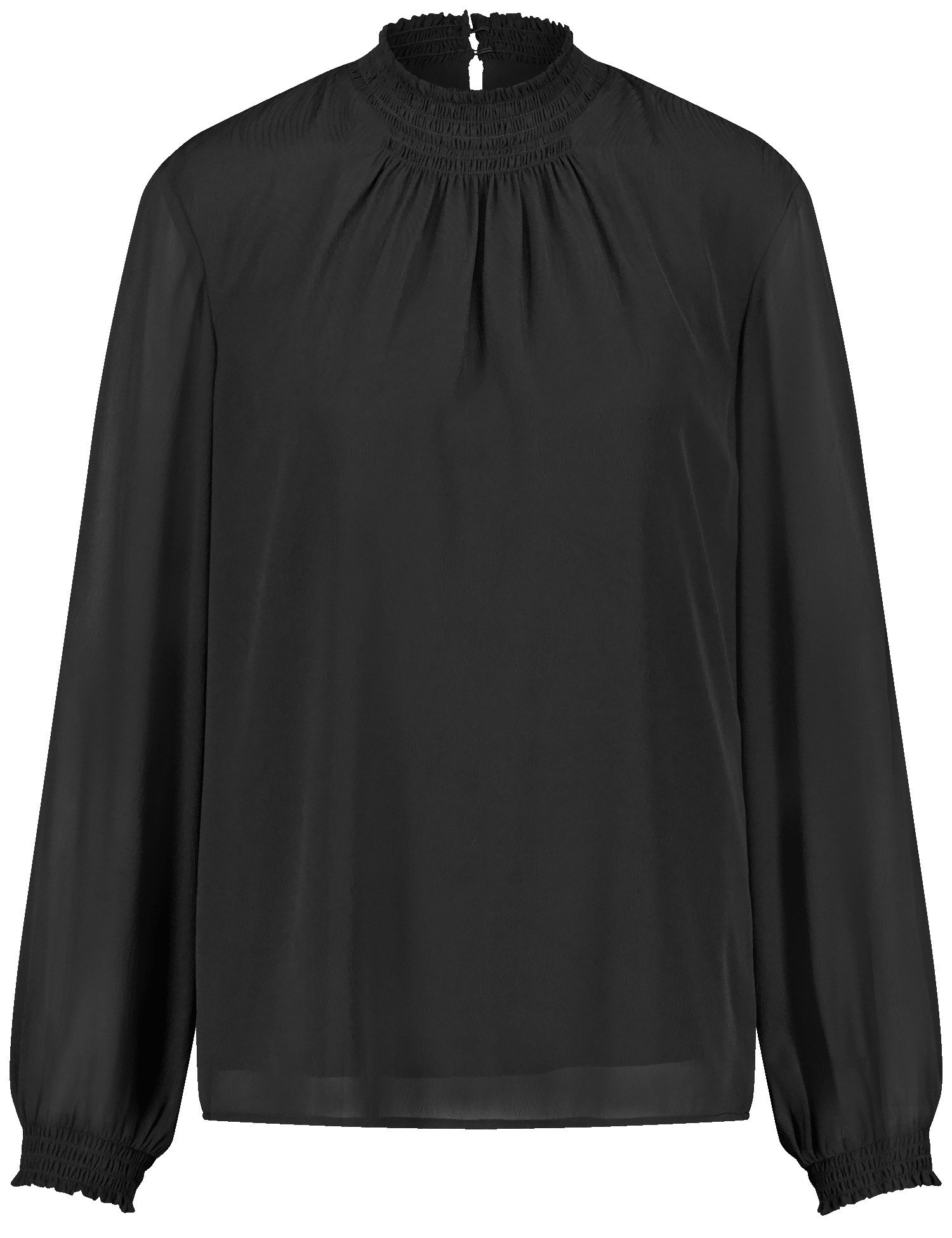 GERRY WEBER Damen Chiffonbluse mit semitransparentem Overlayer 64cm Langarm Rüschenkragen, Schwarz, 42