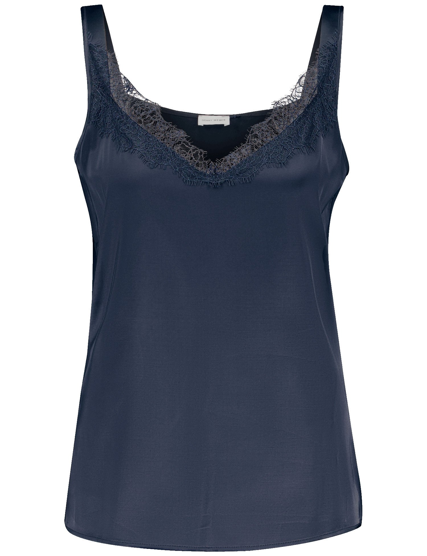 GERRY WEBER Damen Top mit Material-Patch und Spitzenbesatz 62cm Ärmellos V-Ausschnitt Baumwolle Blau, 34