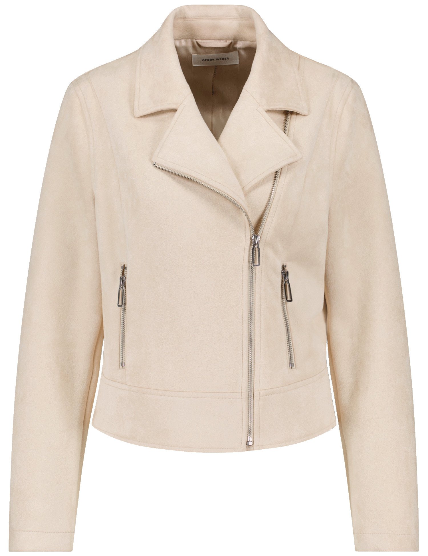 GERRY WEBER Damen Bikerjacke in Veloursoptik 52cm Langarm Revers Reißverschluss, Beige, 42