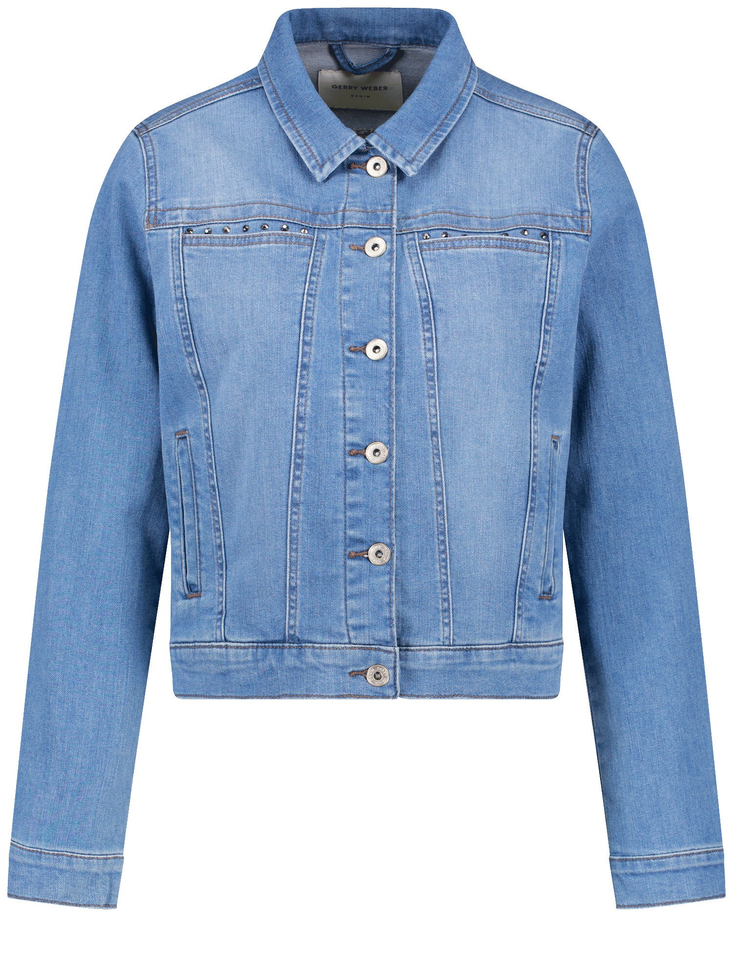 GERRY WEBER Damen Klassische Jeansjacke mit Schmucksteinen 54cm Langarm Mit Kragen Baumwolle Durchgehende Knopfleiste, B