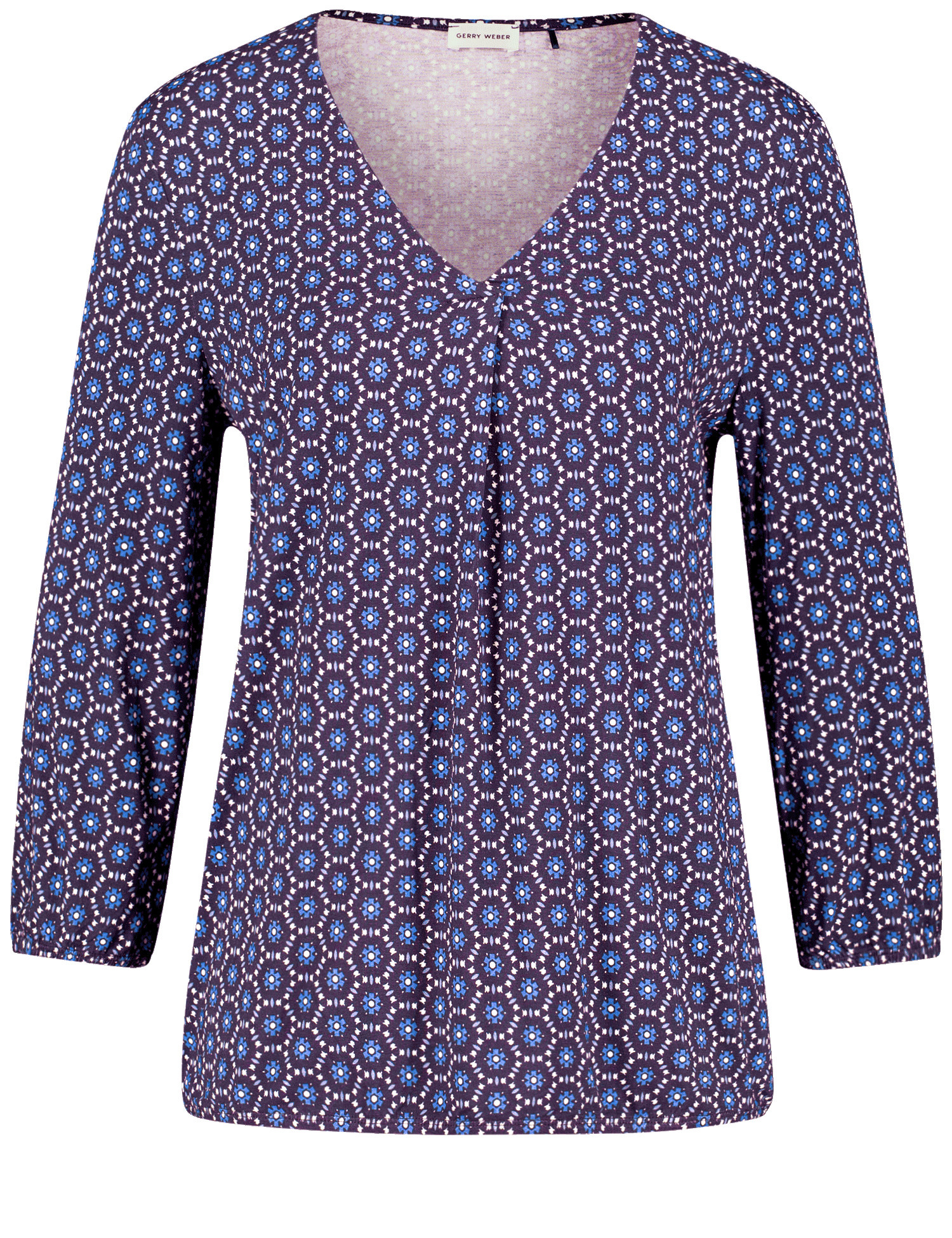 GERRY WEBER Damen Gemustertes 3/4 Arm Shirt Viskose 64 cm V-Ausschnitt gemustert Blau, 36