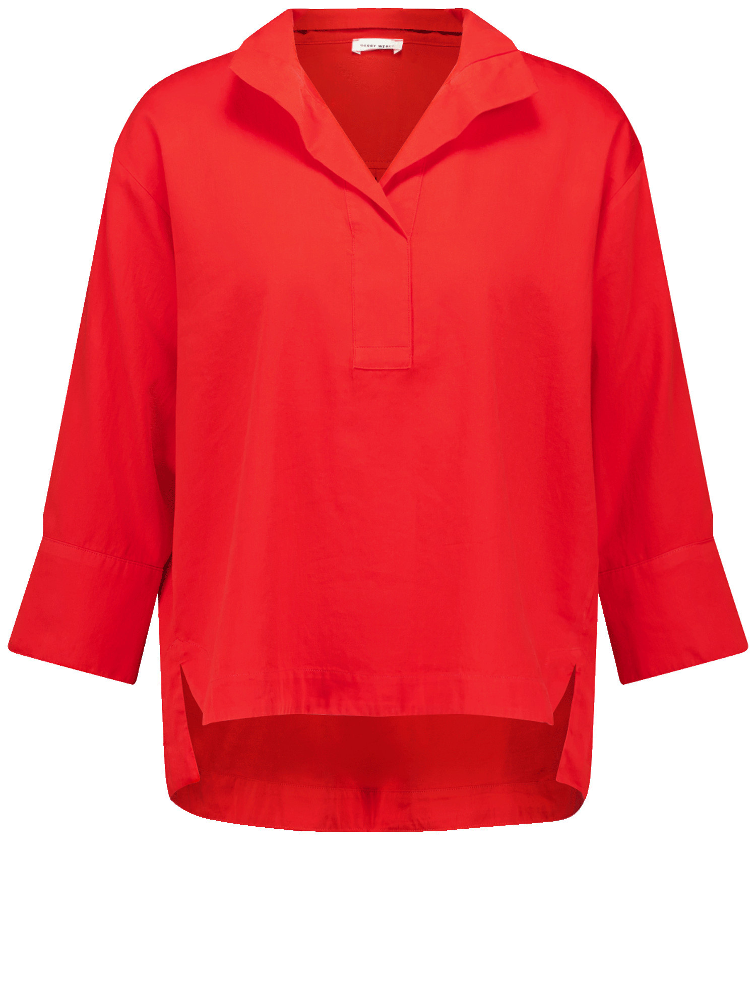 GERRY WEBER Damen 3/4 Arm Bluse mit verlängertem Rückenteil Baumwolle 68 cm Stehkragen unifarben Rot, 34