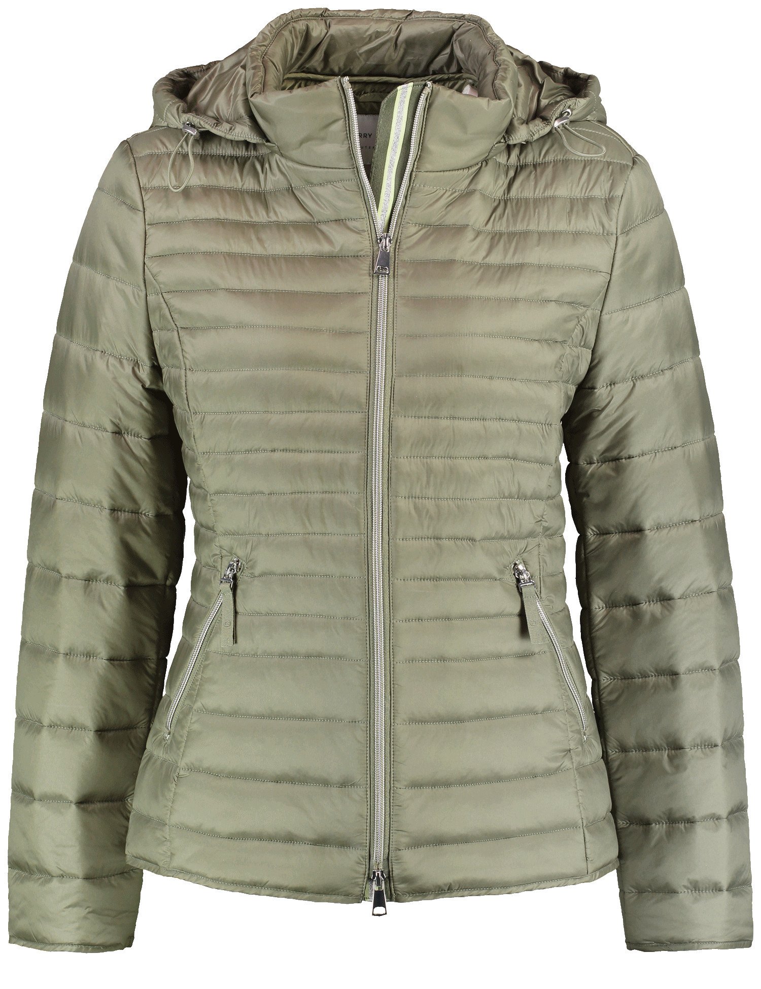 GERRY WEBER Damen Steppjacke mit abnehmbarer Kapuze 62cm Langarm Stehkragen Polyamid 2-Wege-Reißverschluss, Grün, 42