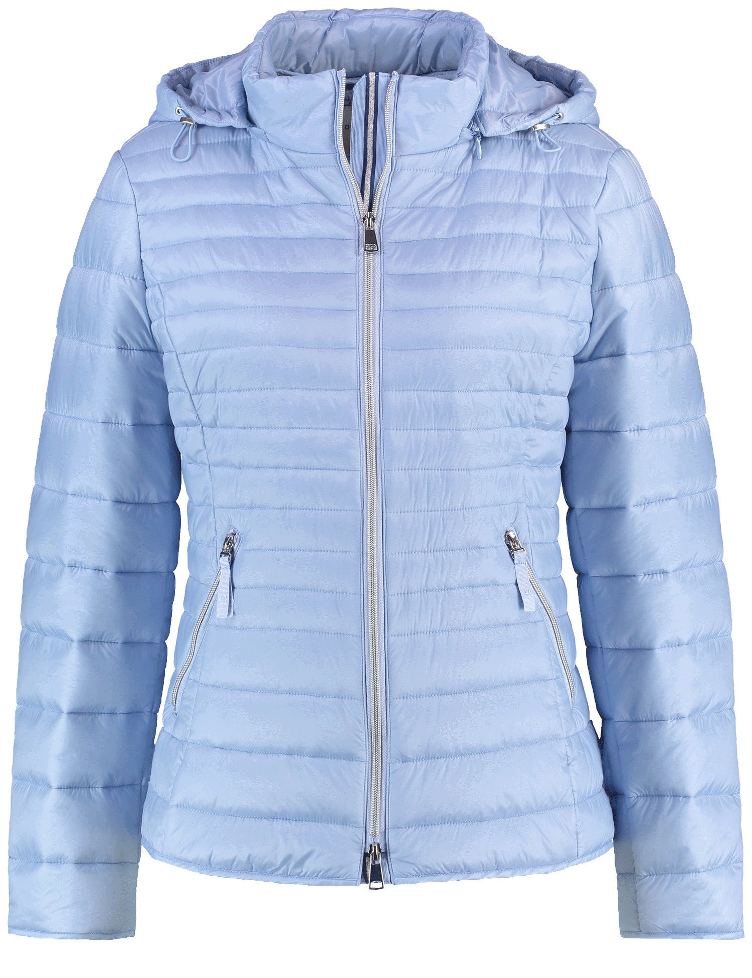 GERRY WEBER Damen Steppjacke mit abnehmbarer Kapuze 62cm Langarm Stehkragen Polyamid 2-Wege-Reißverschluss, Blau, 36