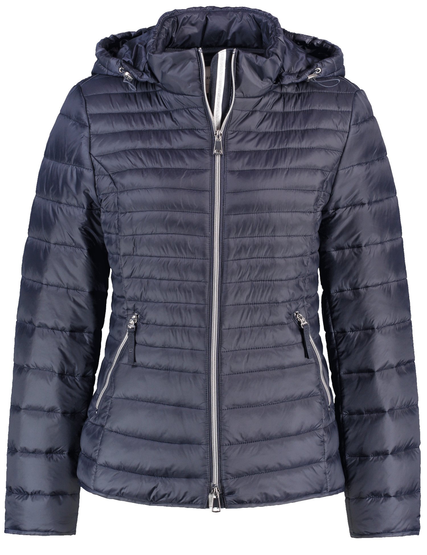 GERRY WEBER Damen Steppjacke mit abnehmbarer Kapuze 62cm Langarm Stehkragen Polyamid 2-Wege-Reißverschluss, Blau, 38