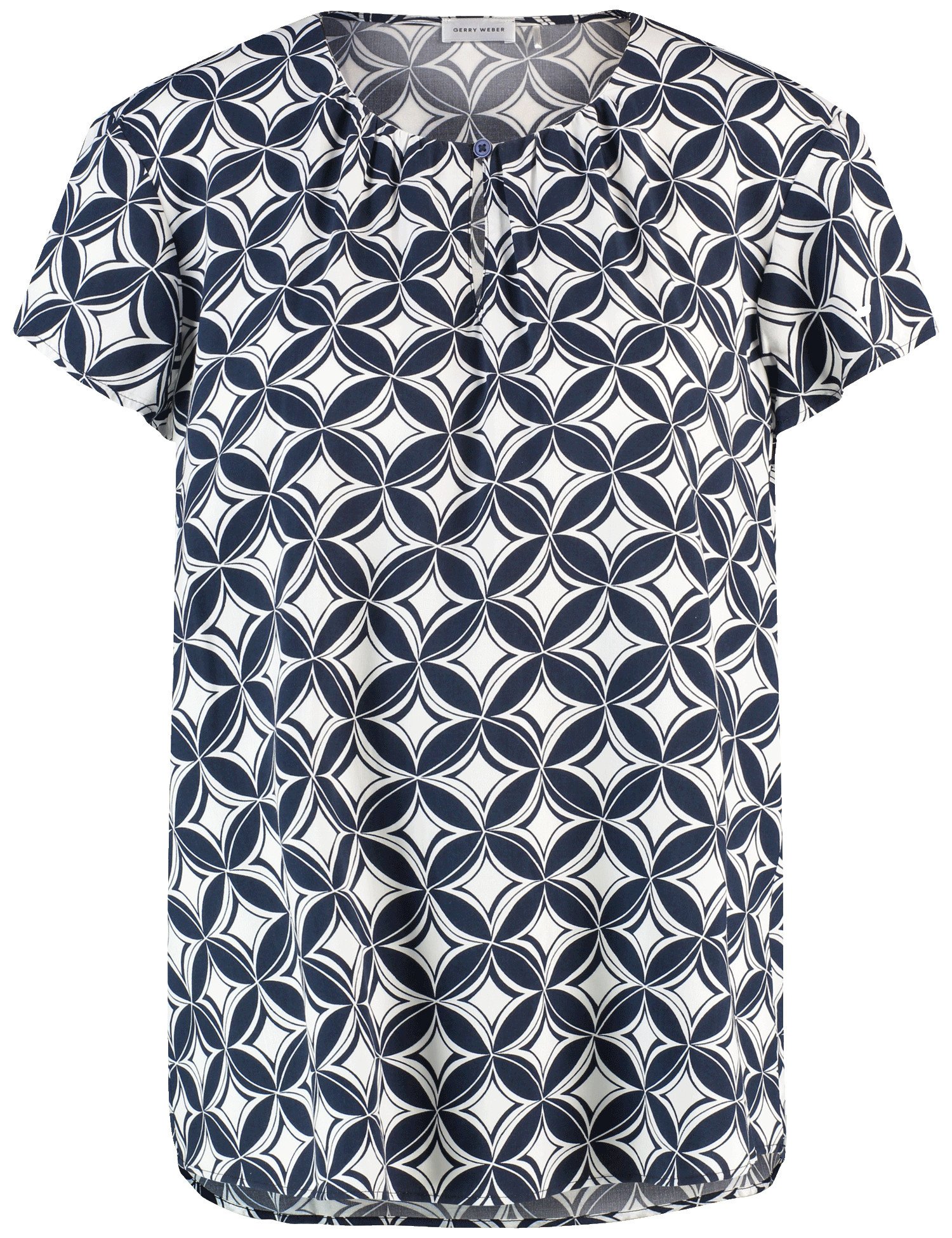 GERRY WEBER Damen Fließendes Blusenshirt Viskose 66 cm Rundhals Kurzarm gemustert Blau, 44