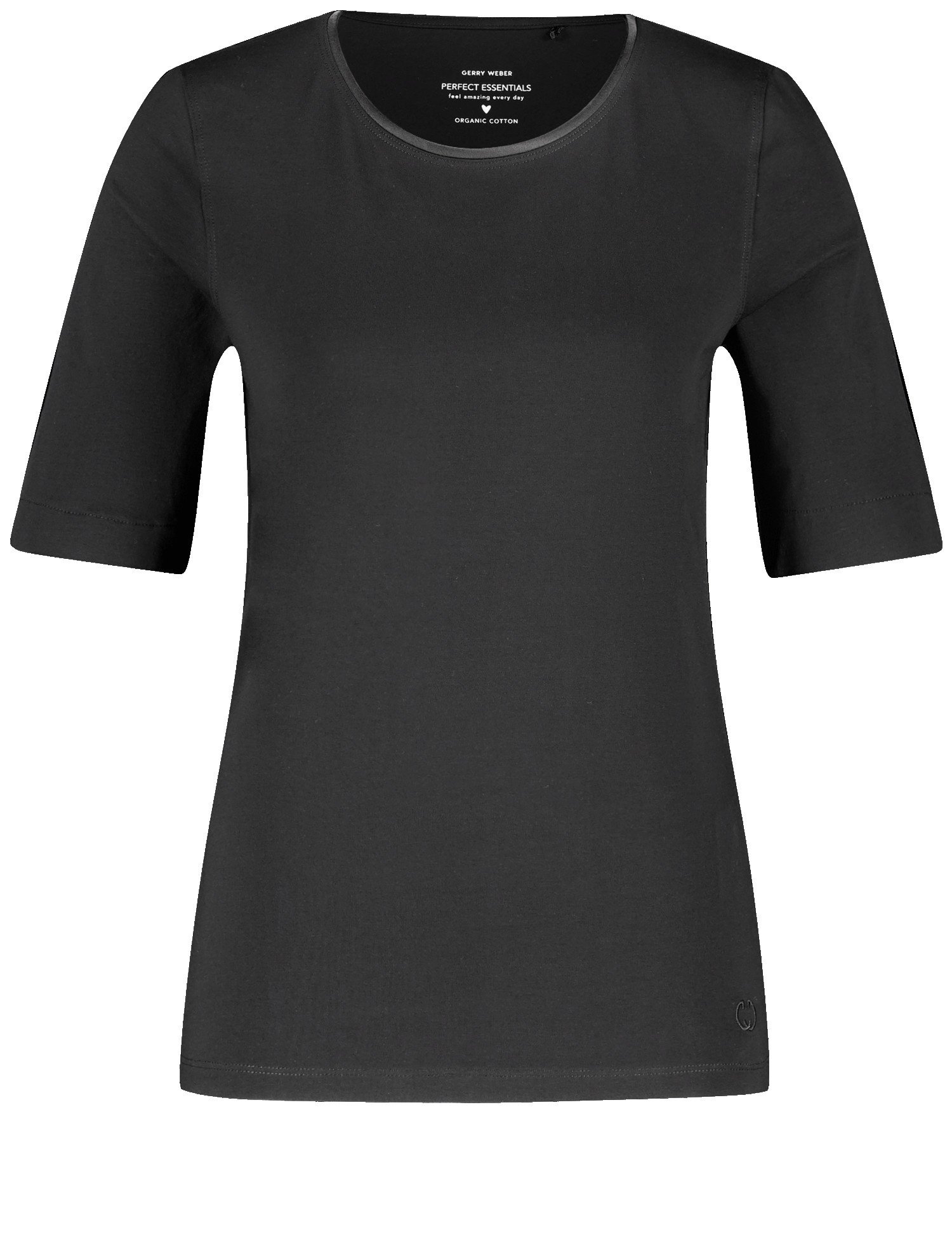 GERRY WEBER Damen T-Shirt mit Satinblende 64cm Halber Arm Rundhals Baumwolle, Schwarz, 34