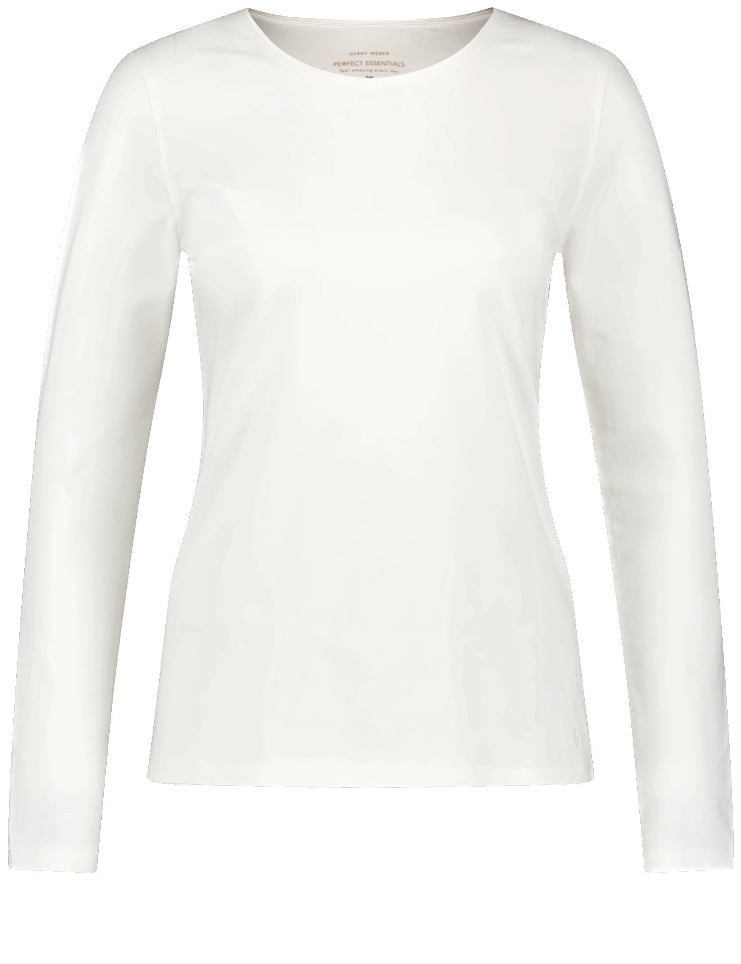 GERRY WEBER Damen Basic Langarmshirt mit Satinblende 64cm Rundhals Baumwolle, Weiss, 42