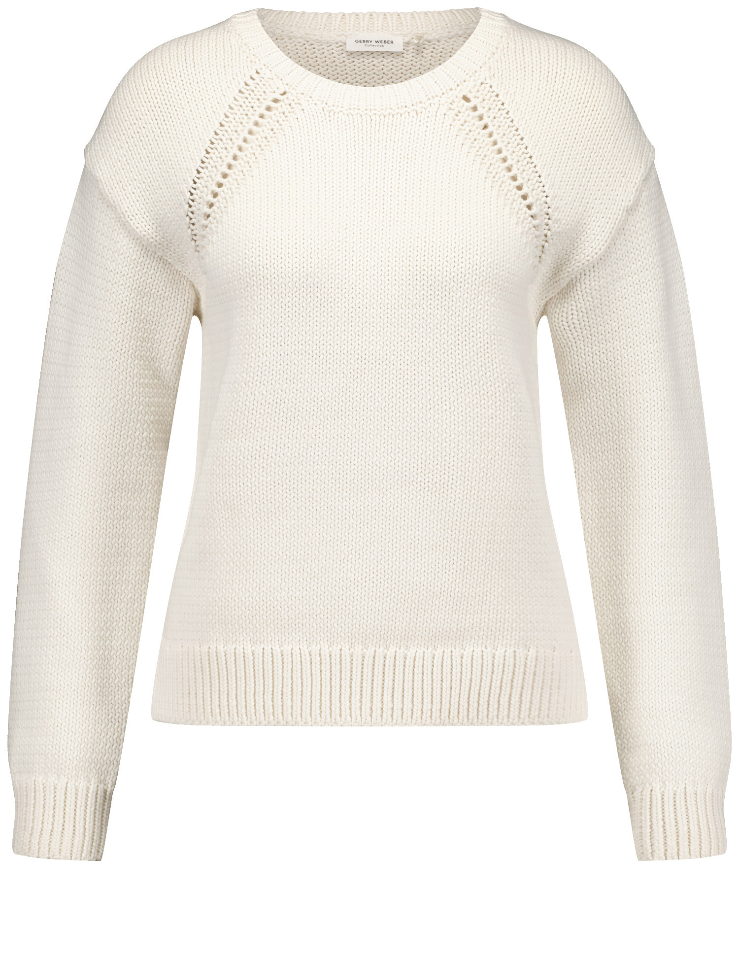 GERRY WEBER Damen Moderner Strickpullover mit Lochstrickdetails Langarm|Überschnittene Schultern Baumwolle, Weiss, 46