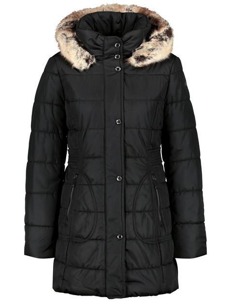 Quilted jacket with a hood and a faux fur collar in Black | GERRY WEBER