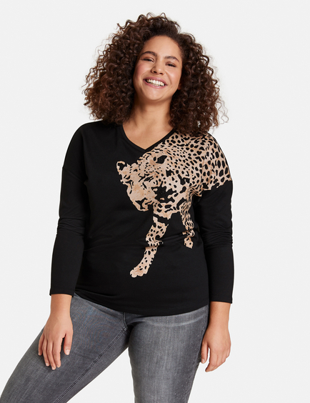 Sweatshirt with a leopard motif, Black | SAMOON Plus Size