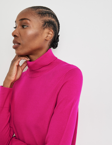 Simple polo neck jumper with rib knit details in Pink GERRY WEBER