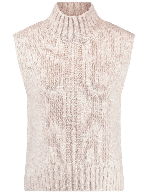 Sleeveless jumper with a stand up collar and percentage of wool in