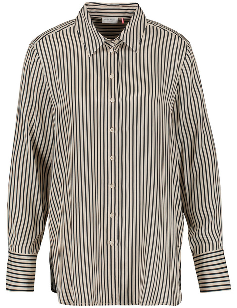 Striped shirt blouse with a rounded hem in Beige