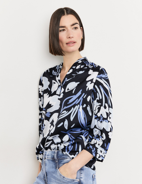 3/4-sleeve blouse with an open stand-up collar in Blue | GERRY WEBER