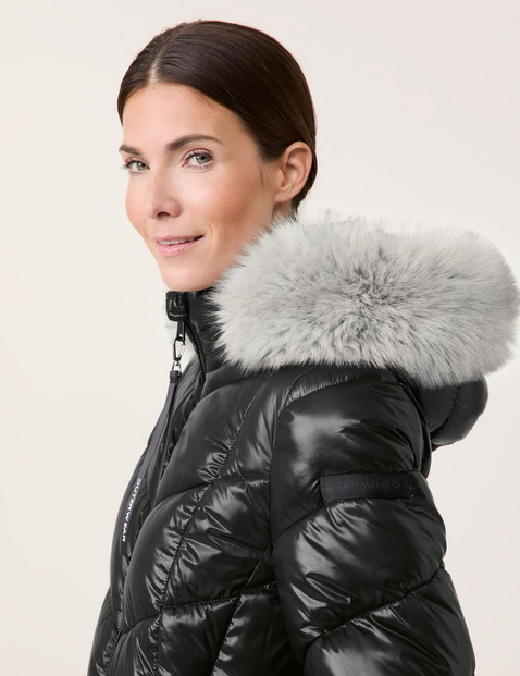 Black high shine coat with faux fur hood online